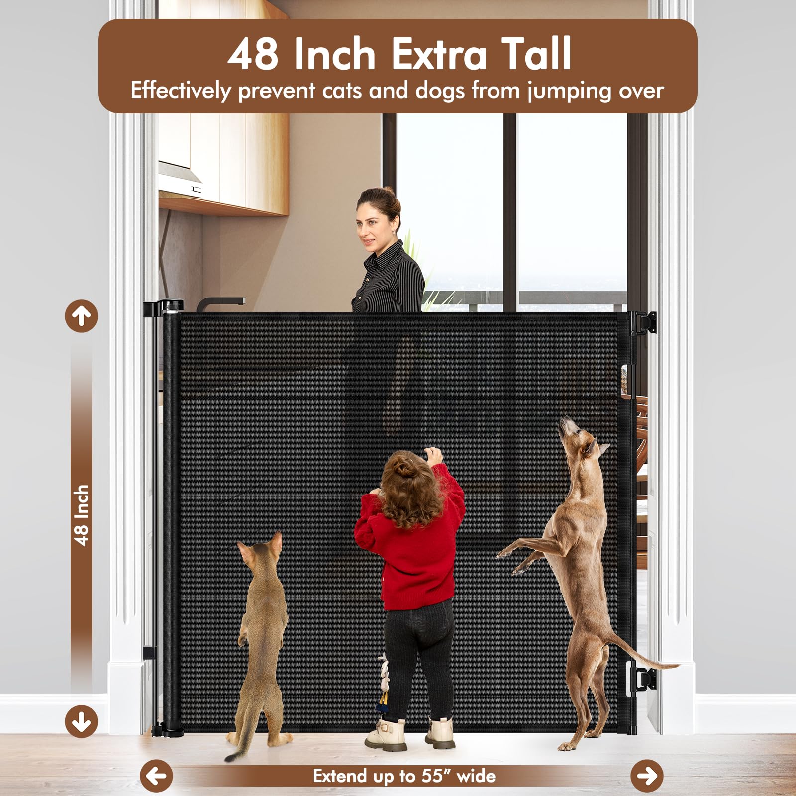 48 Inch Extra Tall Pet Gate, Extends to 55'' Wide, Extra Tall Retractable Baby Gates for Dogs Extra Tall Dog Gate Indoor Tall Me