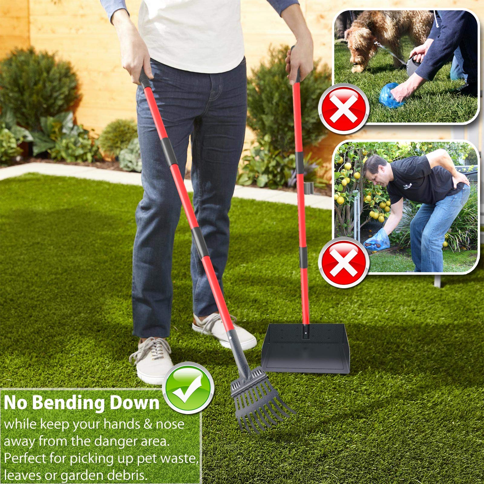 X-Tecokit Larger Pooper Scooper - Durable & Sturdy Rake, Spade, Tray Set With Long Handle Great For Large Small And Multi Dogs - Poop Scoop No Bend Down Easy To Use For Yard Grass Gravel Dirt