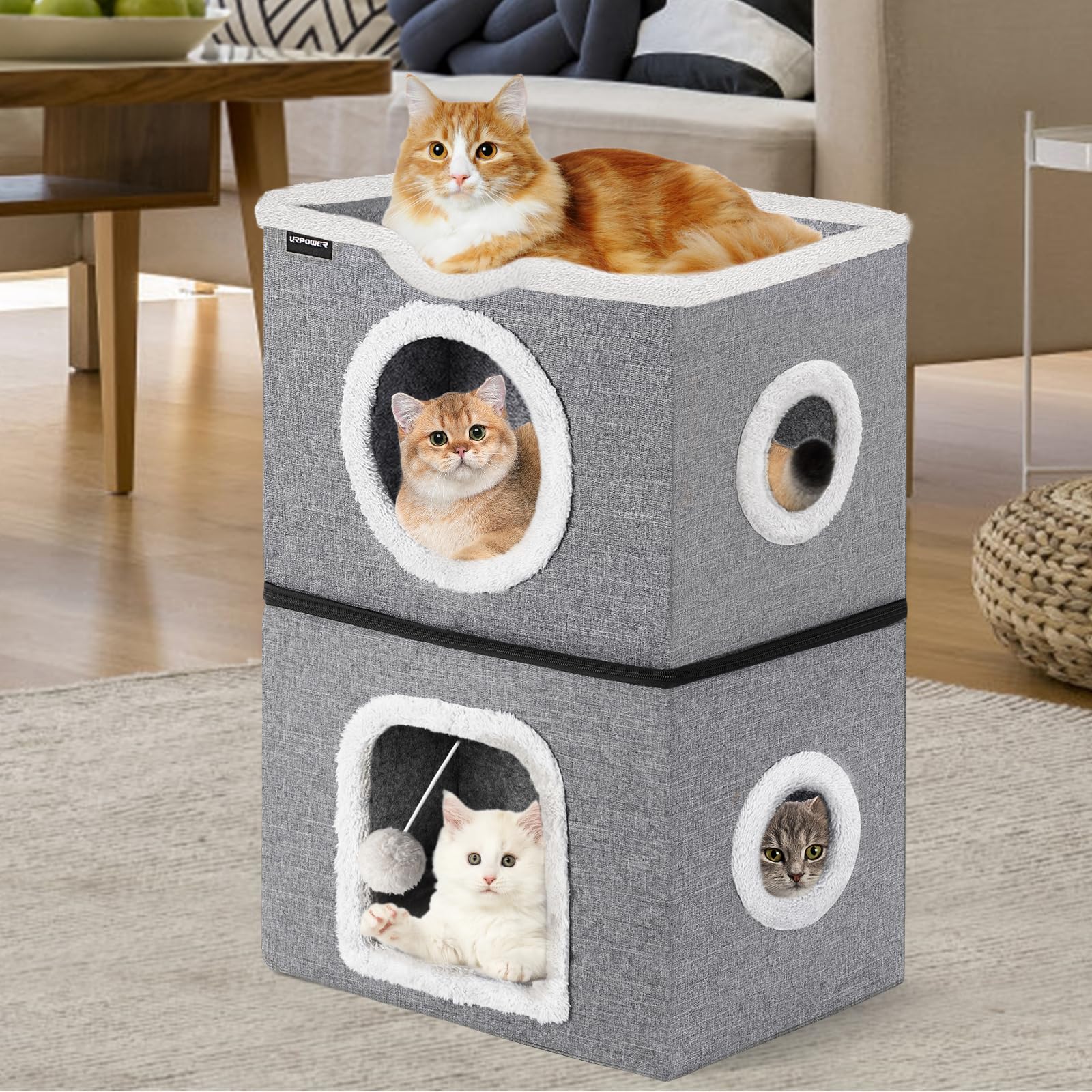 Urpower 2 Story Cat Bed, Large Cat House For Indoor Cats Covered Cat Cave With Hideaway, Scratch Pad And Fluffy Ball, Foldable C