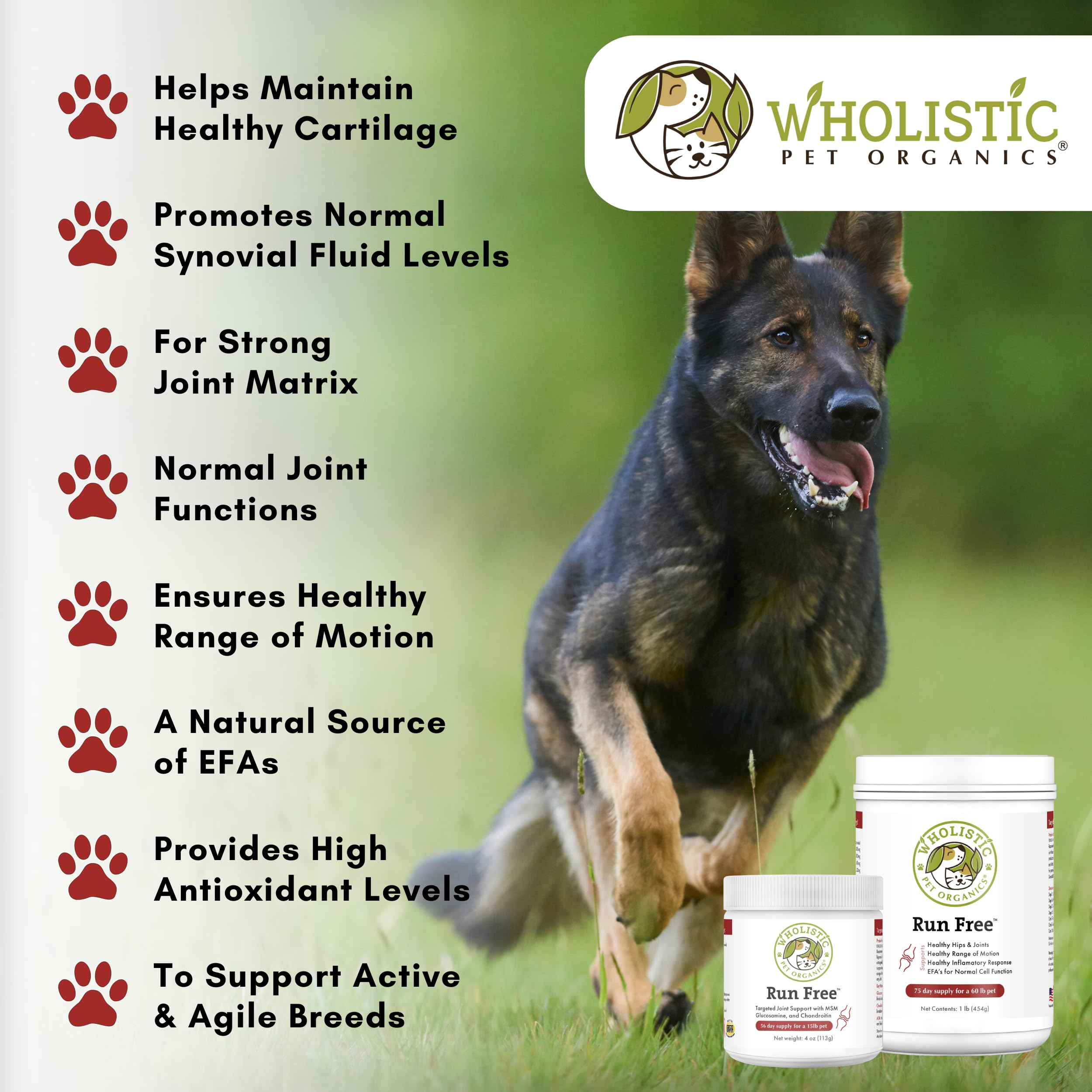 Wholistic Pet Organics Joint Supplement for Dogs - Glucosamine Chondroitin & MSM - 1 Lb - Run Free™ - Supports Mobility for All Breeds