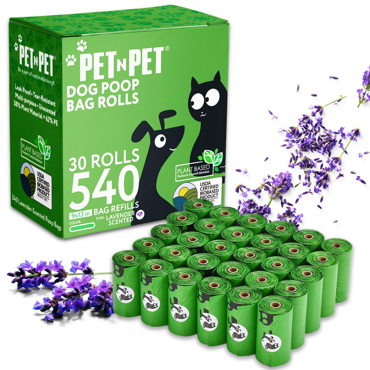 Pet N Pet Poop Bags For Dogs, Green 540 Counts Lavender Scented Dog Poop Bags Rolls, Dog Bag, Pet Waste Bag