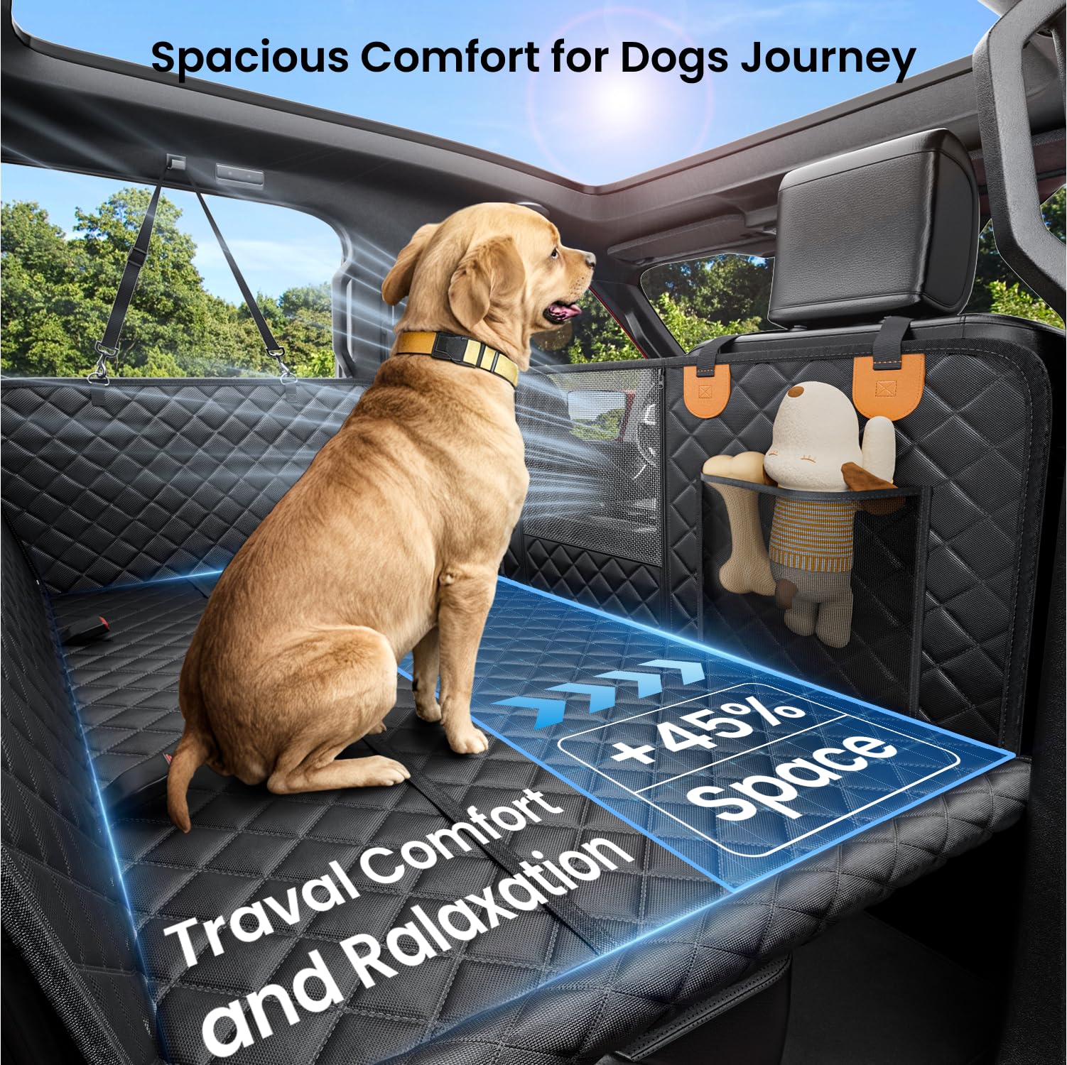Reevaa Dog Car Seat Cover For Back Seat, Hard Bottom Dog Hammock, Pet Bed Extender For 2-4 Large/Medium Dogs, Ruff Waterproof Se