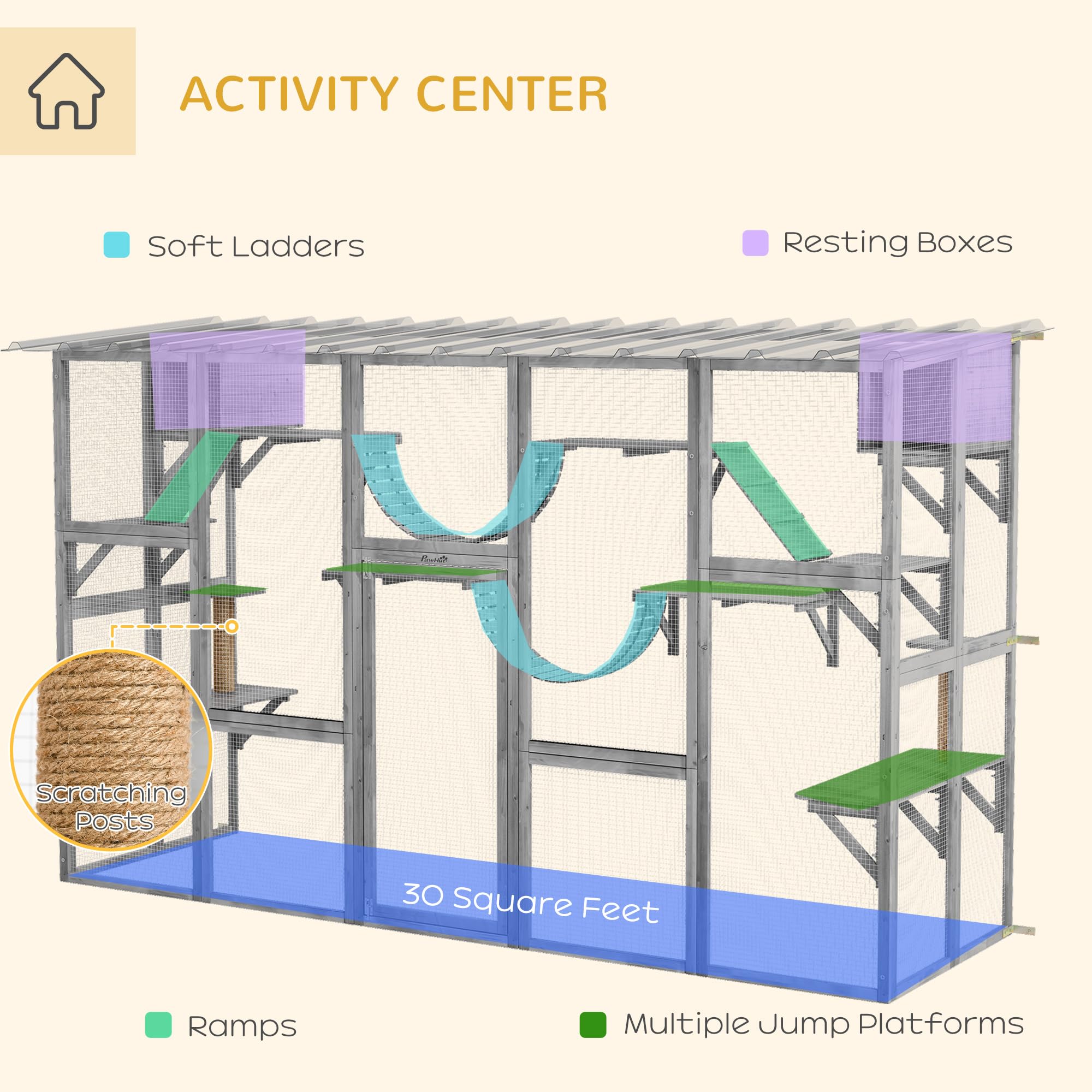 Pawhut Catio Playground Cat Window Box Outside Enclosure, Outdoor Cat House With Weather Protection Roof For Multiple Kitties, Wooden Frame, Shelves & Bridges, 118' X 37.5' X 74', Gray