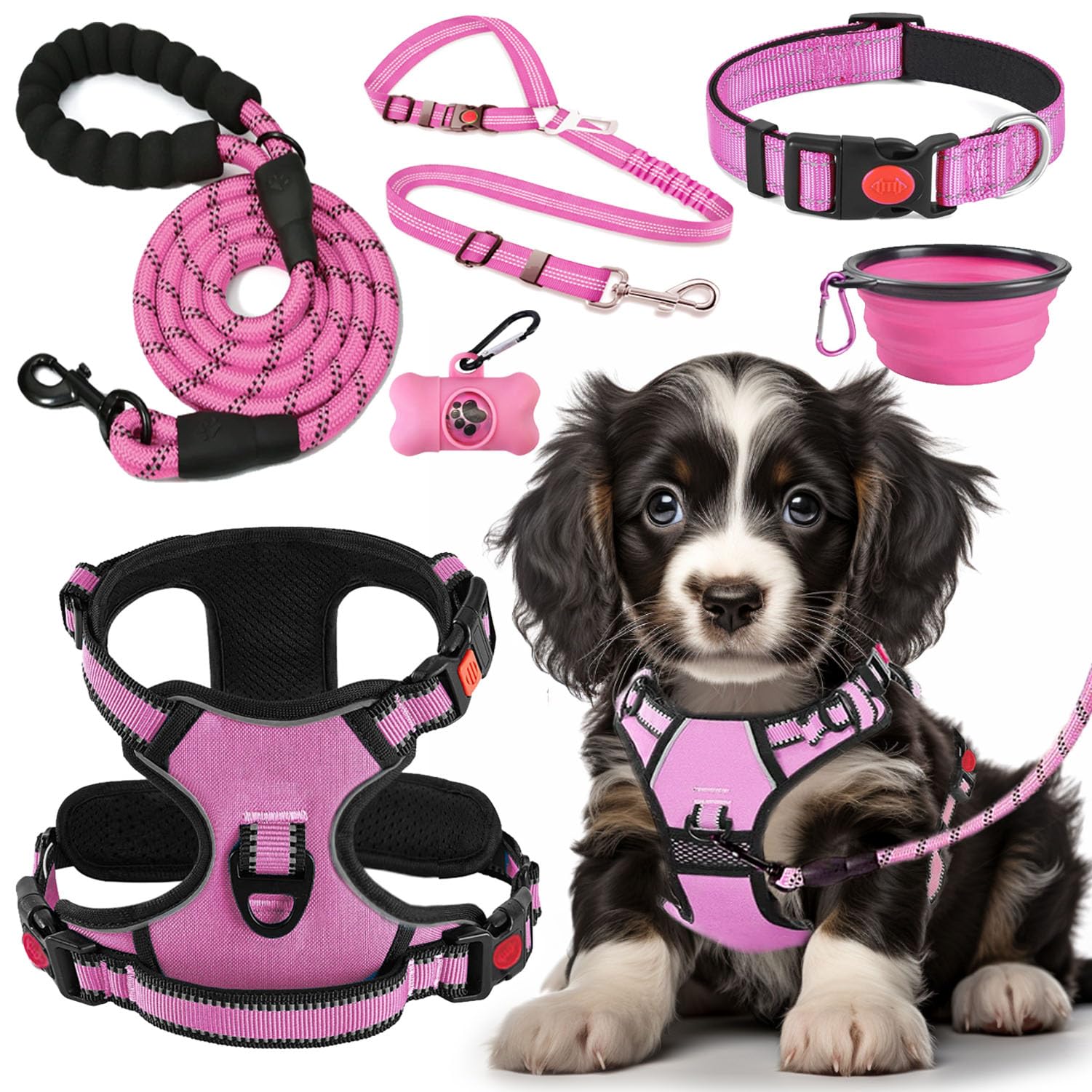 Lobeve No Pull Dog Harness, Collar & Leash Set | Includes Dog Seat Belt, Collapsible Bowls & Poop Bag Dispenser. Ideal For Train