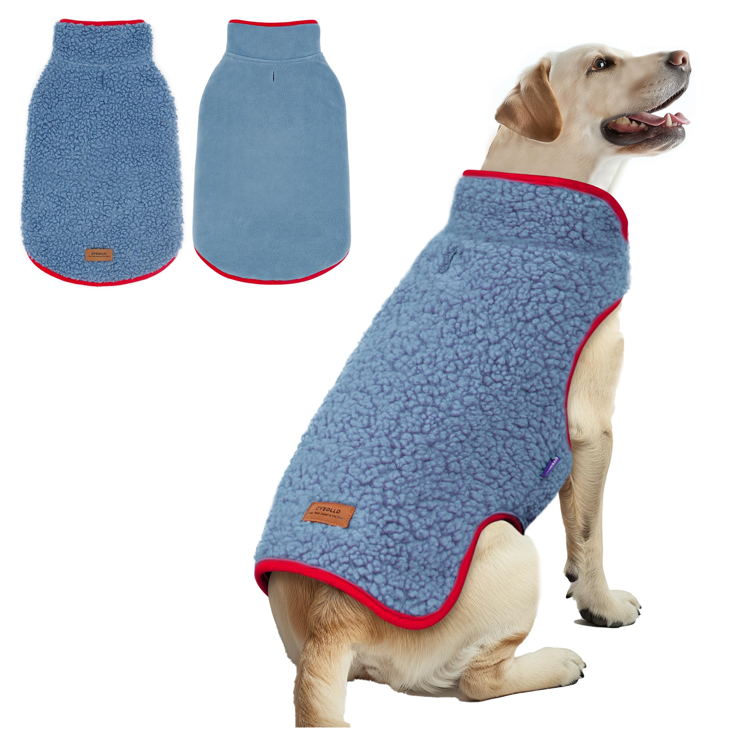 Cyeollo Reversible Winter Coat - Large Dog Sweater Vest, Fleece Sherpa Jacket For Small To Xxxl Dogs, Blue, With Leash Hole