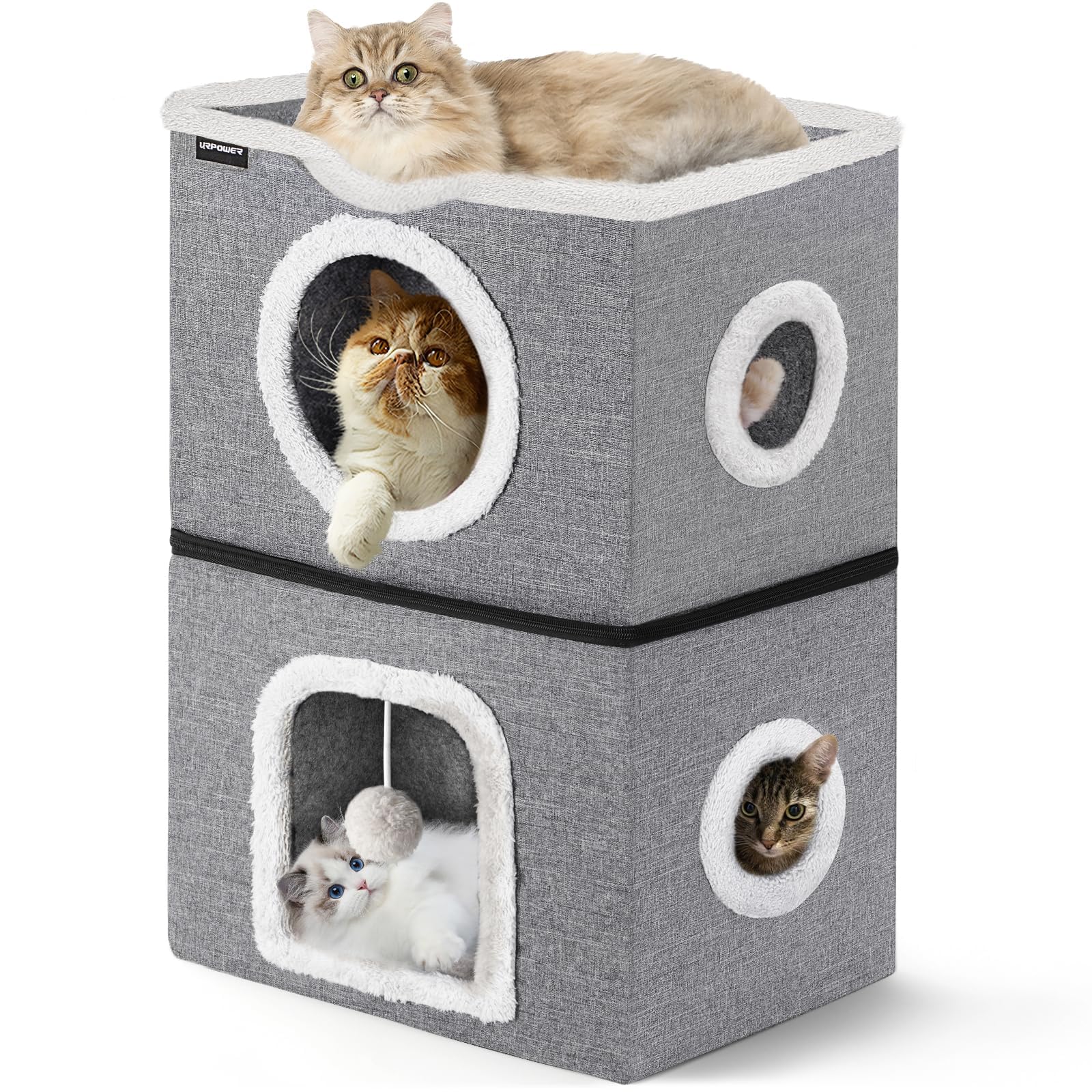 Urpower 2 Story Cat Bed, Large Cat House For Indoor Cats Covered Cat Cave With Hideaway, Scratch Pad And Fluffy Ball, Foldable C