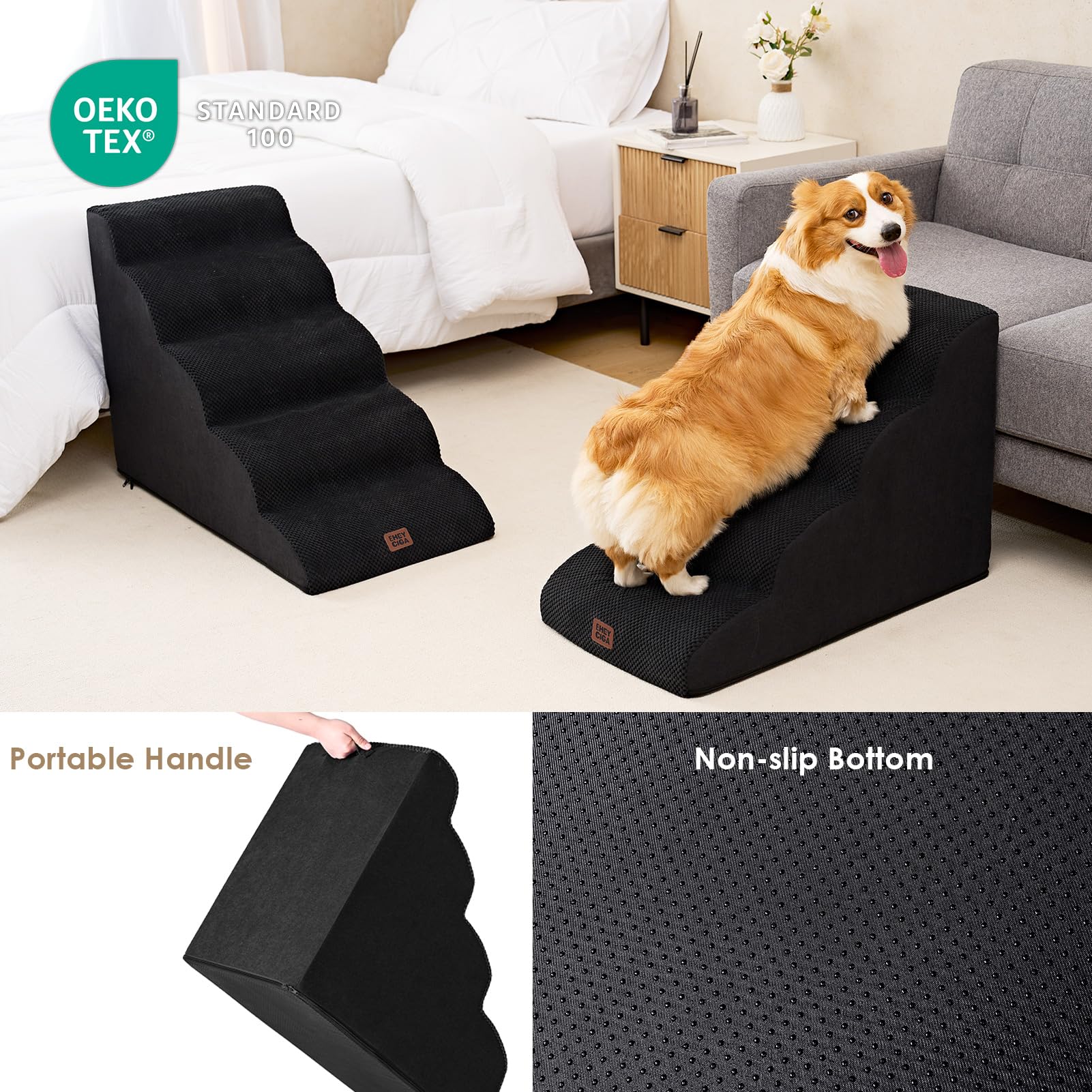 EHEYCIGA 4-Step Curved Dog Stairs Ramp for High Beds, Non-Slip Fleece, 19.7" H, Black, Model ECUS24PPT10FB01