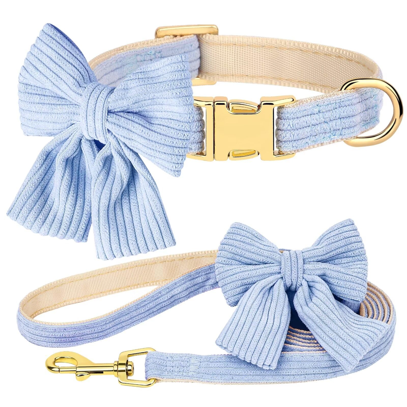 Didog Dog Collar And Leash Set With Bowtie, Girl Dog Collars Metal Buckle Adjustable For Small Medium Dogs(Blue, S)