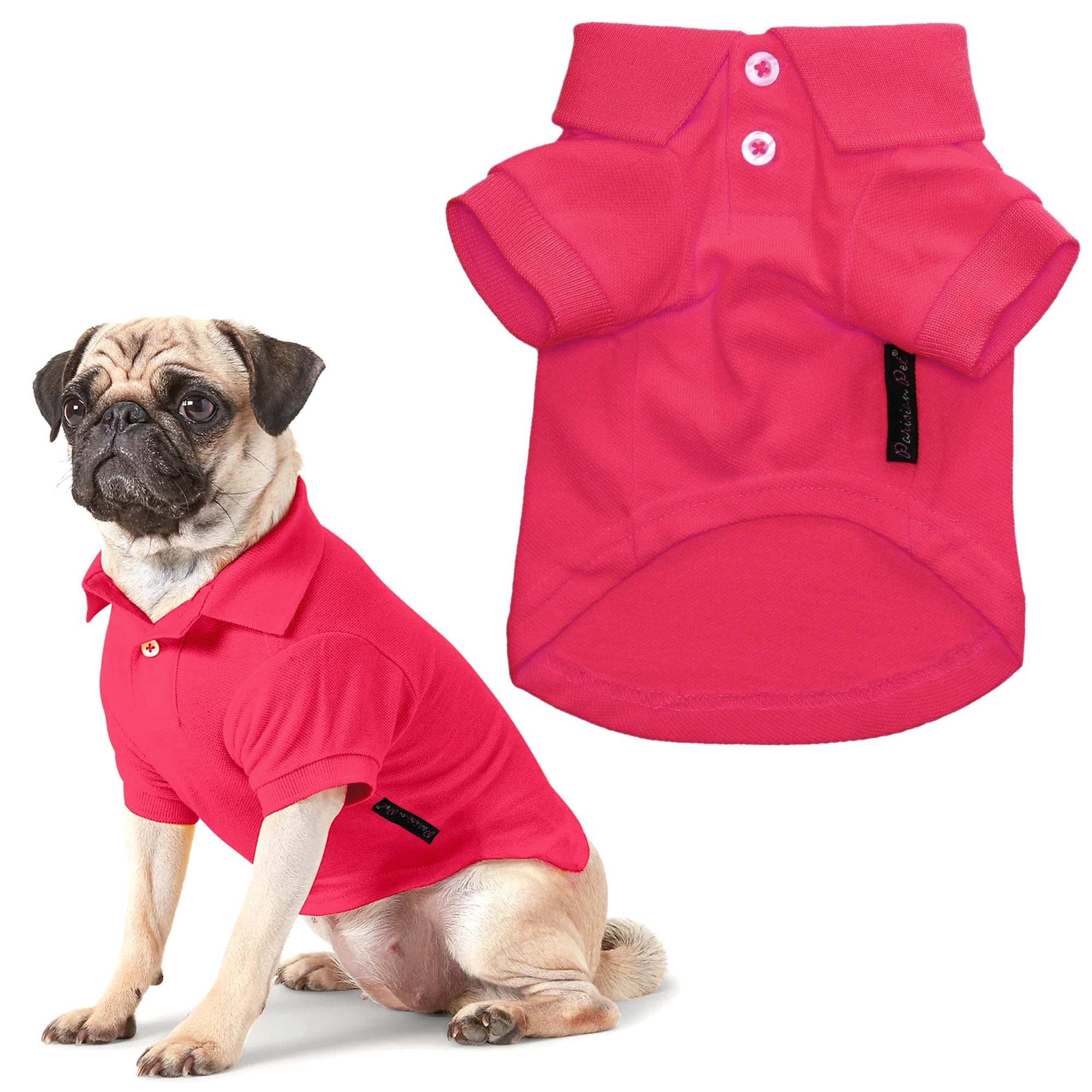 Parisian Pet Polo Shirts - Breathable Cotton Shirt For Dogs - Solid Color Summer Pullover Clothes - Button Up Collar, Pink For L