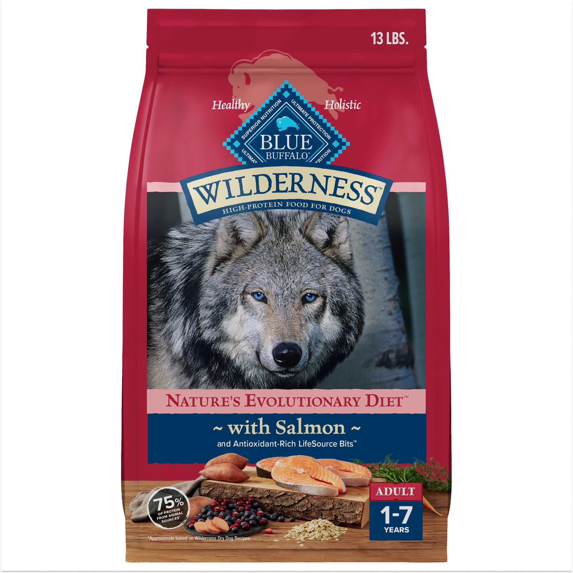 Blue Buffalo Wilderness Natural High-Protein Dry Food for Adult Dogs, Salmon Recipe, 13-lb. Bag