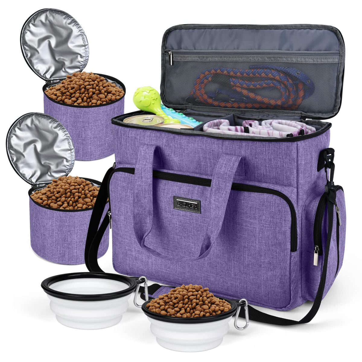 Baglher Dog Travel Bag, Airline Approved Pet Tote Organizer With Multi-Function Pockets,2X Food Storage Containers And 2X Collapsible Dog Bowls,Perfect Weekend Pet Travel Set For Dog, Cat Purple