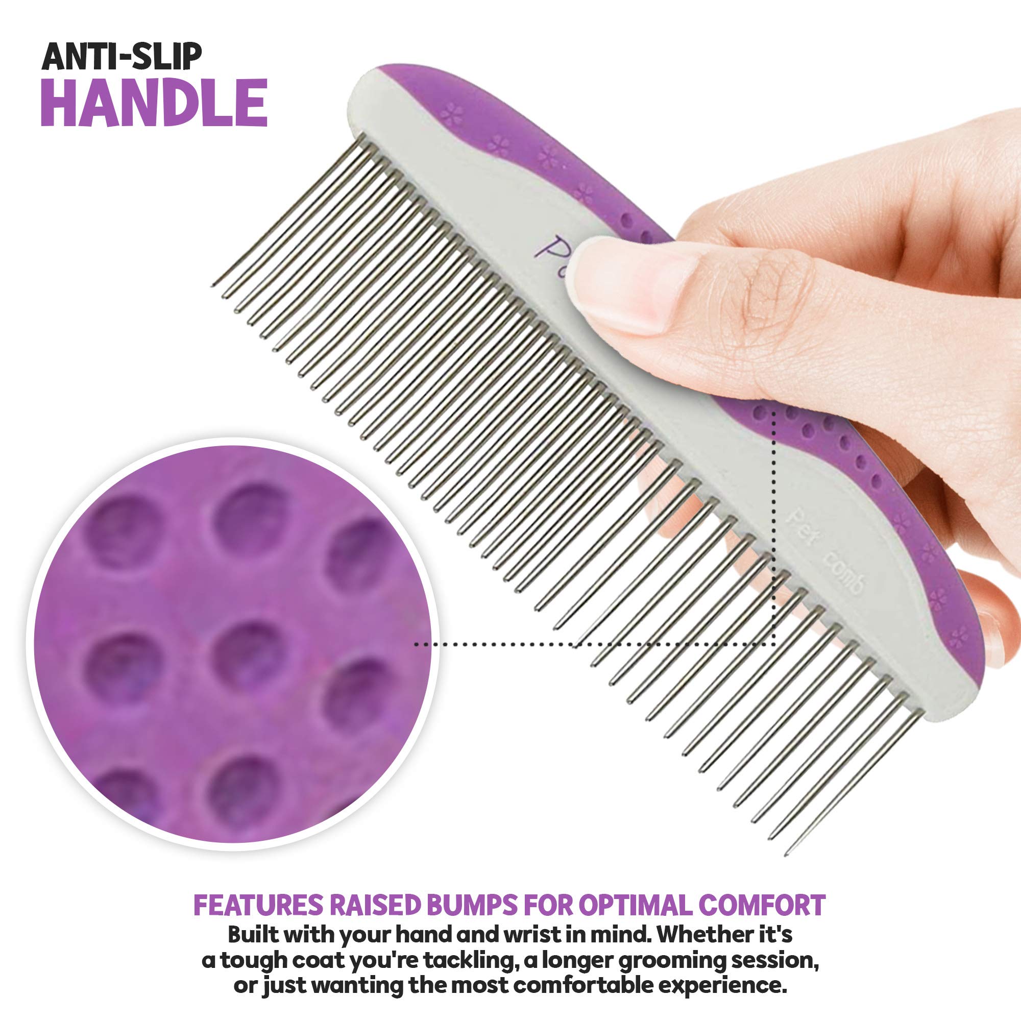 Poodle Pet Dog Combs For Grooming | 2 Pack | Stainless Steel Teeth Easily Remove Dirt | Proper Care Prevents Knots And Mats For Long And Short Haired Pets |Anti-Slip Comfort Grip Handle| Purple