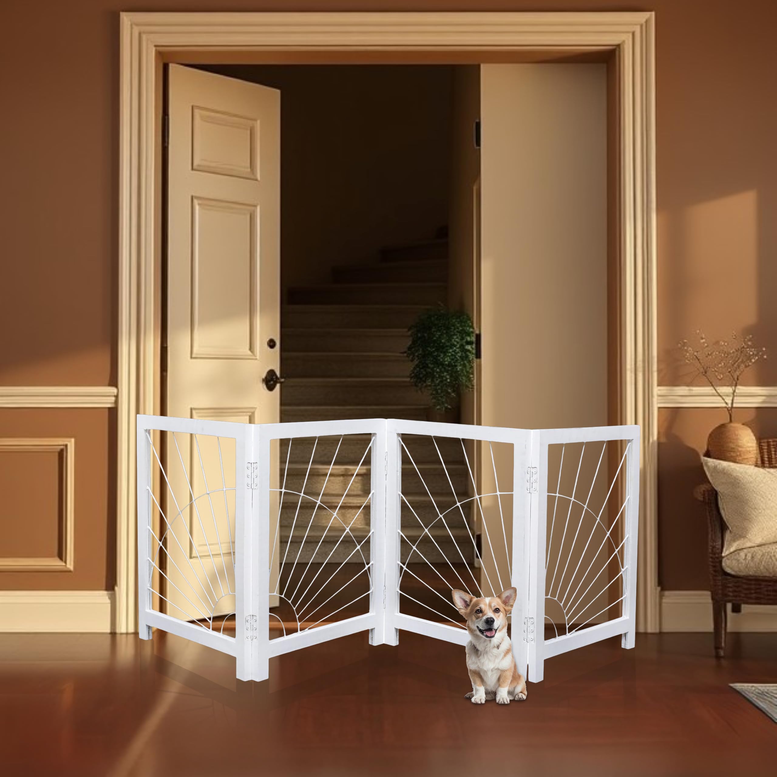 Freestanding Pet Gate For Dogs, Foldable Wooden Dog Gate For House, Indoor Dog Gate For Stair, Doorway, Sunshine Design Gates Fo