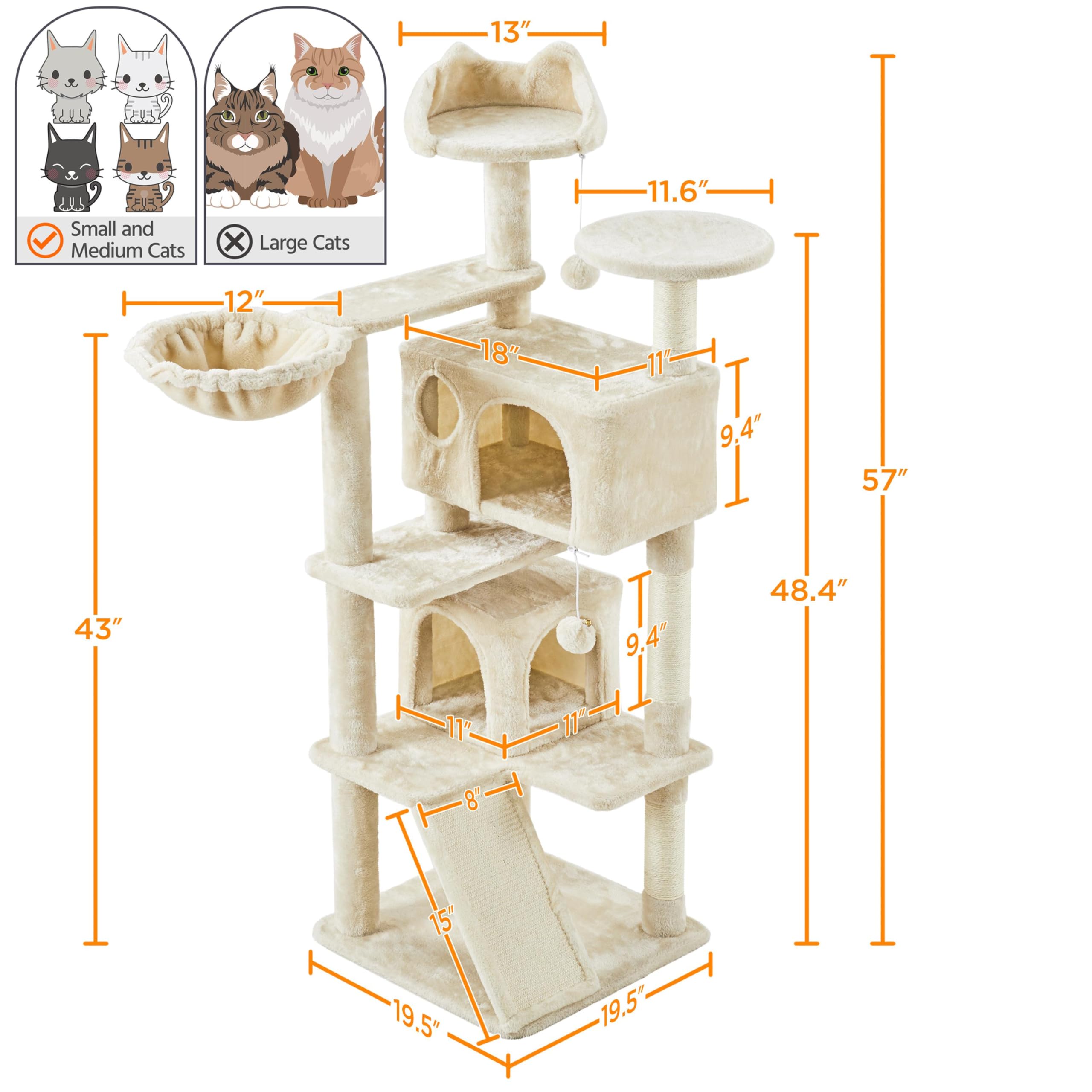 Yaheetech 57 Inches Cat Tree For Indoor Cats, Multi-Level Cat Tower W/ 3 Padded Perches, 2 Cat Condos, 2 Hanging Balls And Scratching Posts, Beige