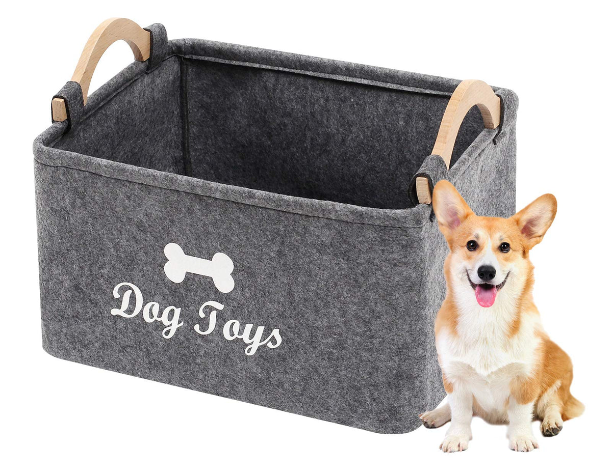 Geyecete Dog Toys Storage Bins - With Wooden Handle, Collapsible Pet Supplies Storage Basket Pet Supplies Storage Basket/Bin Kids Toy Chest Storage Trunk (Grey)