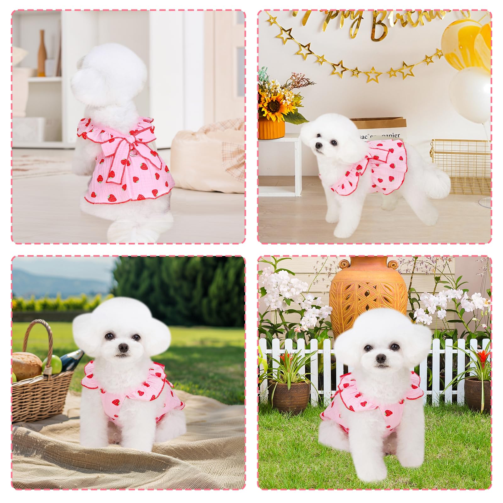 Kunyeah Girl Dog Dresses Pet Strawberries Princess Dress Summer Sleeveless Puppy Clothes Cat Bow Decor Costume With Leash Ring B