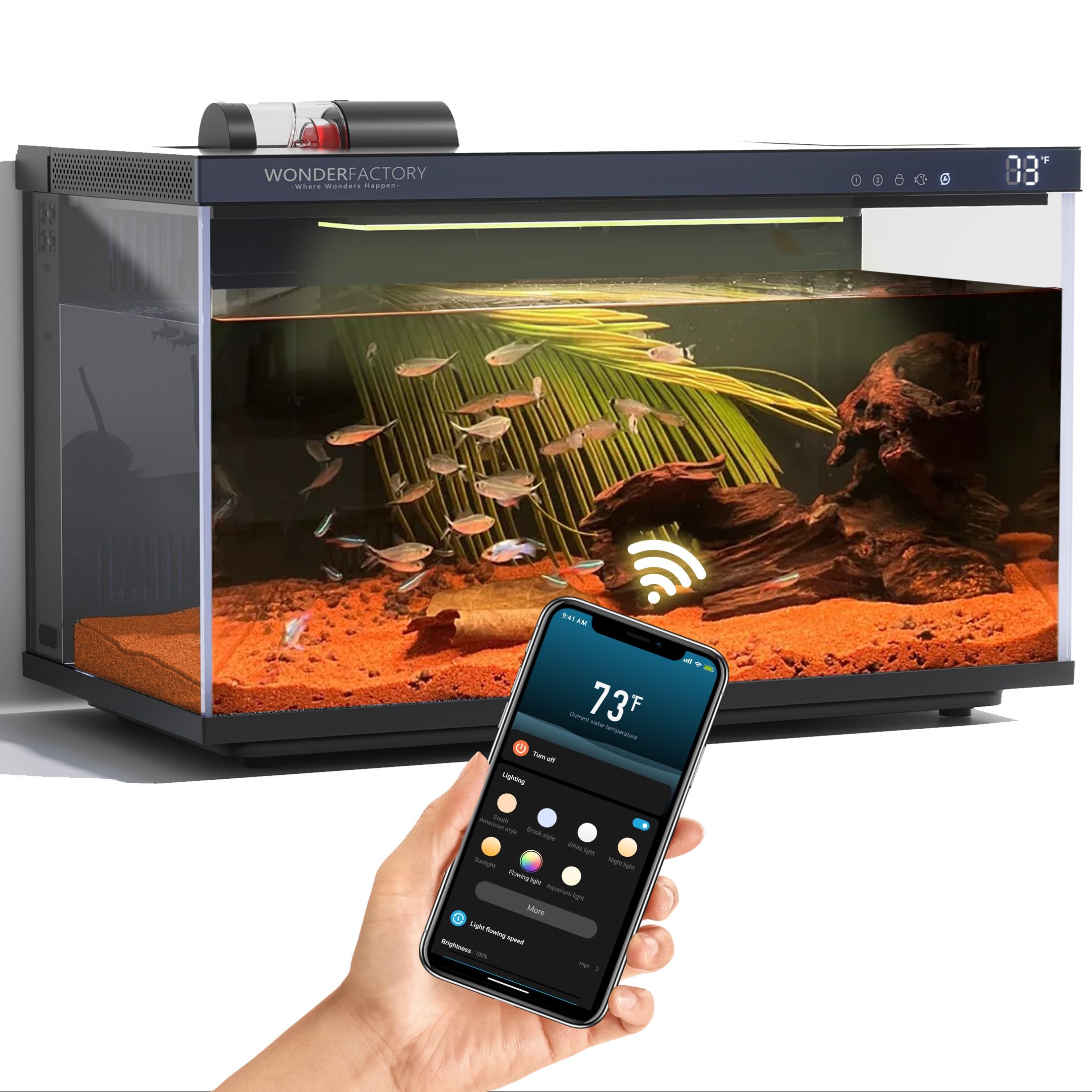 Smart Aquarium Fish Tank 5 Gallon Starter Kit, Self Cleaning System Efficiency Filter 7 Color Led Lights Automatic Feeder Temper