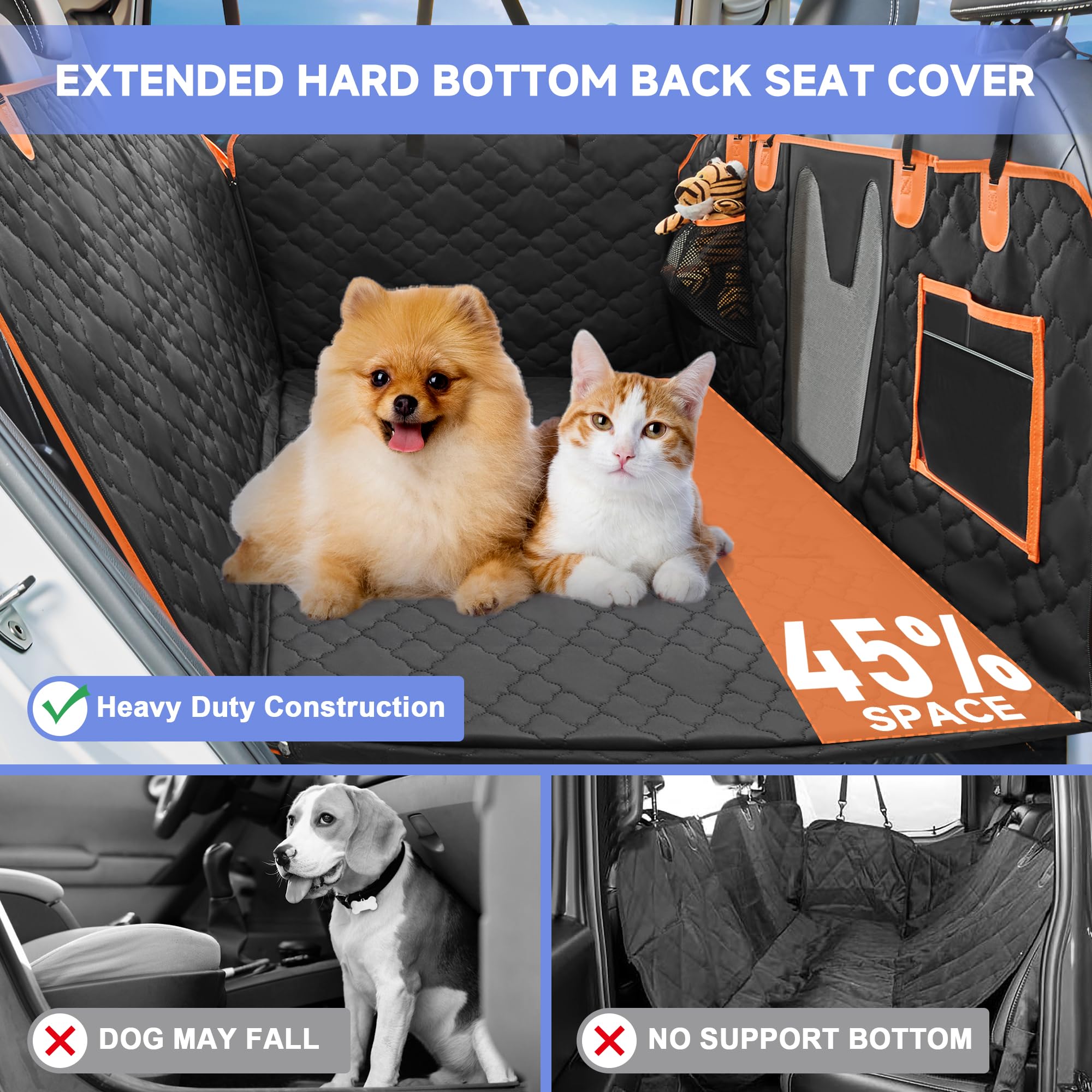 Spacocld Dog Car Seat Cover For Back Seat - Hard Bottom Extender Holds Up To 400 Lbs, Waterproof Protector With Mesh Window, Dog