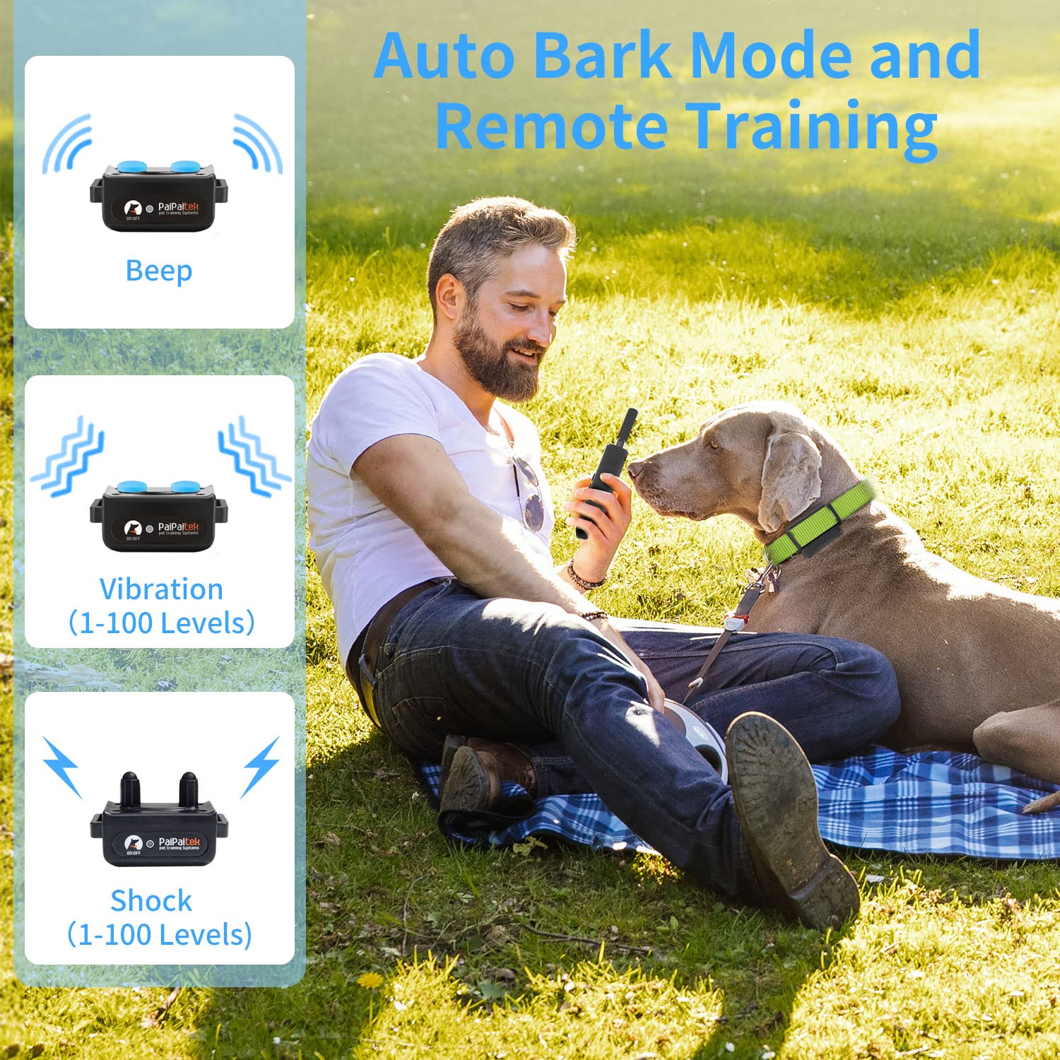 PaiPaitek Automatic Bark Collar with Remote for Large Dog, Up to 3300ft Range Bark and Training Collar Combo, 100% Waterproof Do