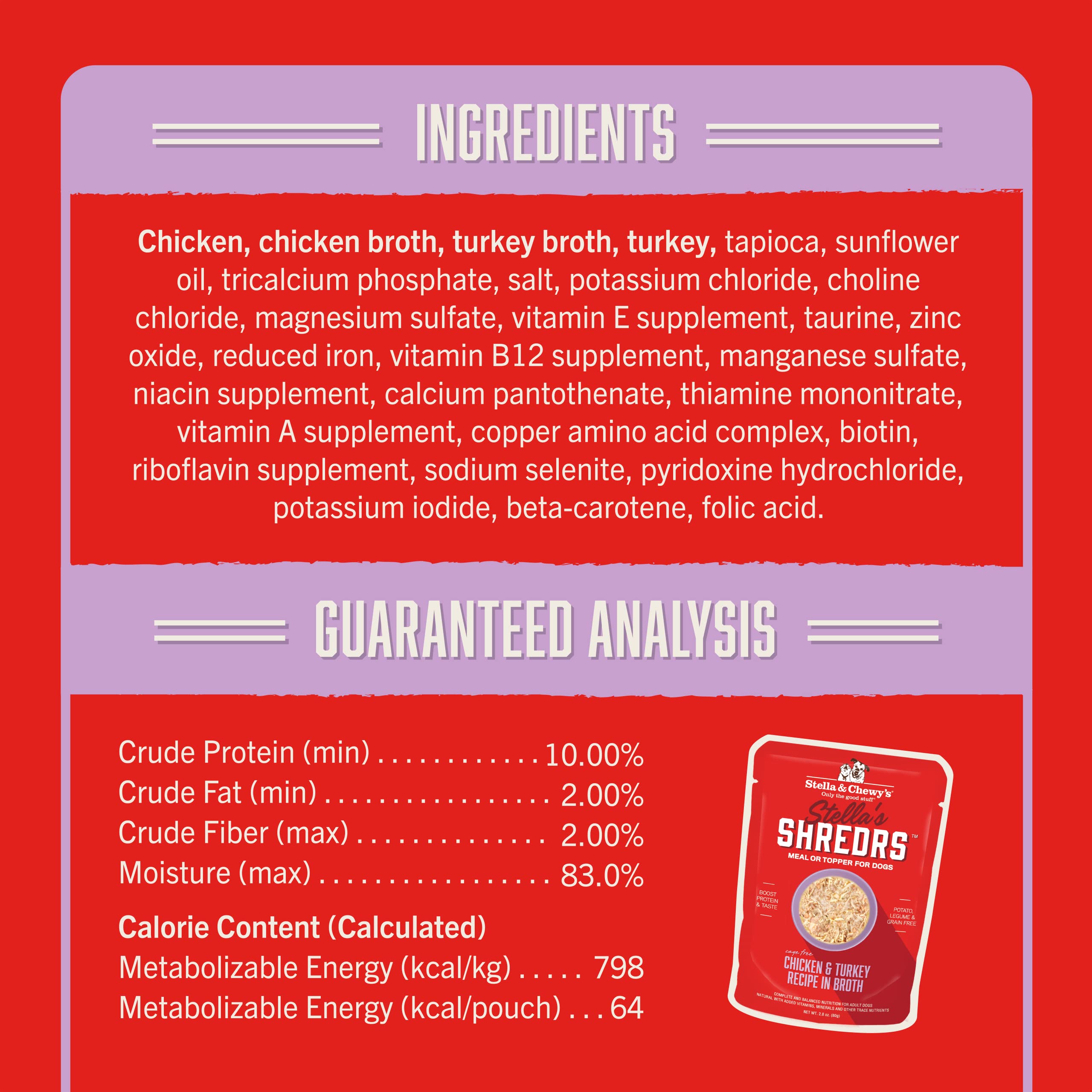Stella & Chewys Stellas Shredrs Cage Free Chicken & Turkey Recipe in Broth, 2.8 oz. Pouches (Pack of 12)