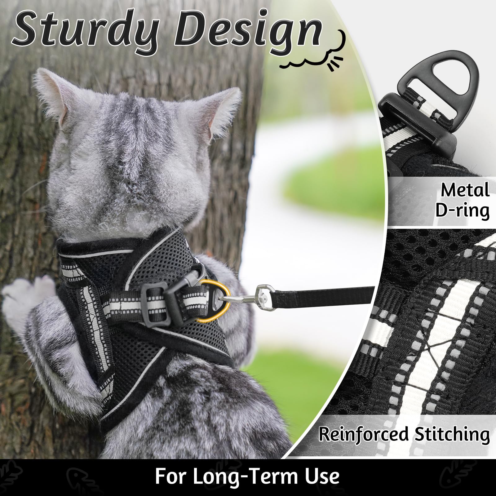 Rabbitgoo Cat Harness And Leash Set For Walking Escape Proof, Adjustable Soft Kittens Vest With Reflective Strip For Cats, Comfortable Outdoor Vest, Black, M