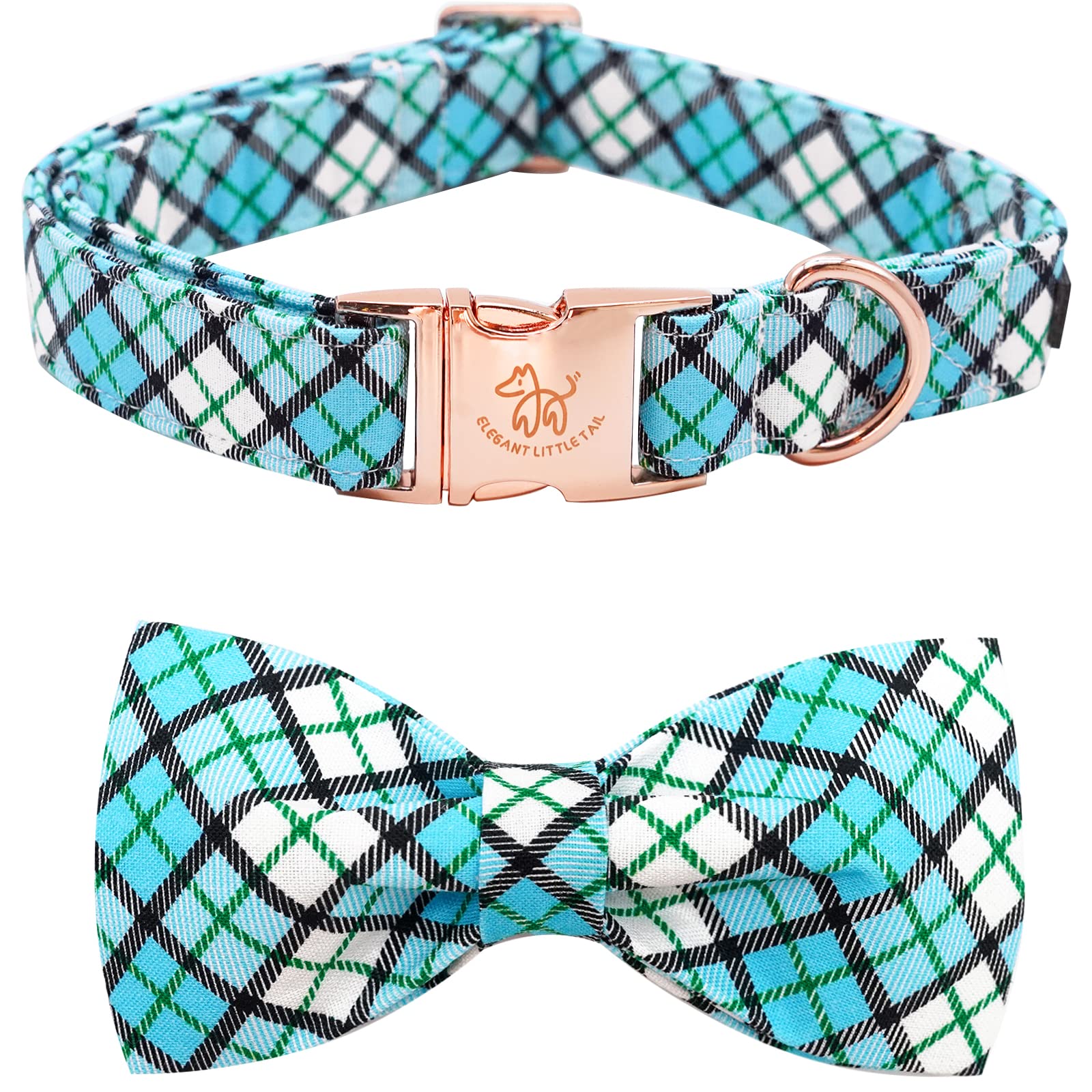 Elegant little tail Dog Collar, Blue Plaid Dog Collar with Bow Boy Dog Collar Pet Collars Soft Dog Bowtie Adjustable Dog Collar 