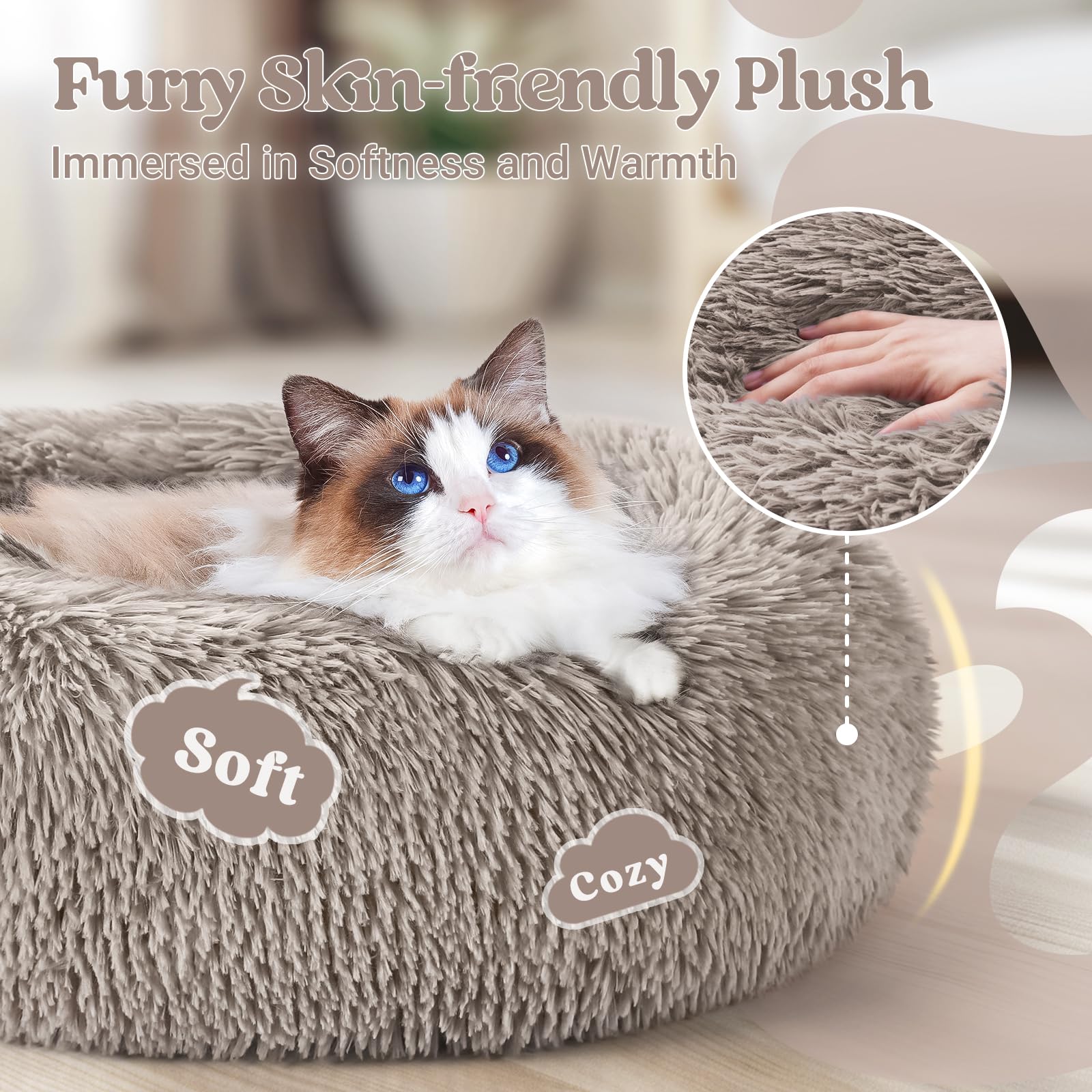 Rabbitgoo Cat Beds For Indoor, 20 Inches Machine Washable, Fluffy Round Pet Bed Non-Slip, Calming Soft Plush Donut Cuddler Cushi