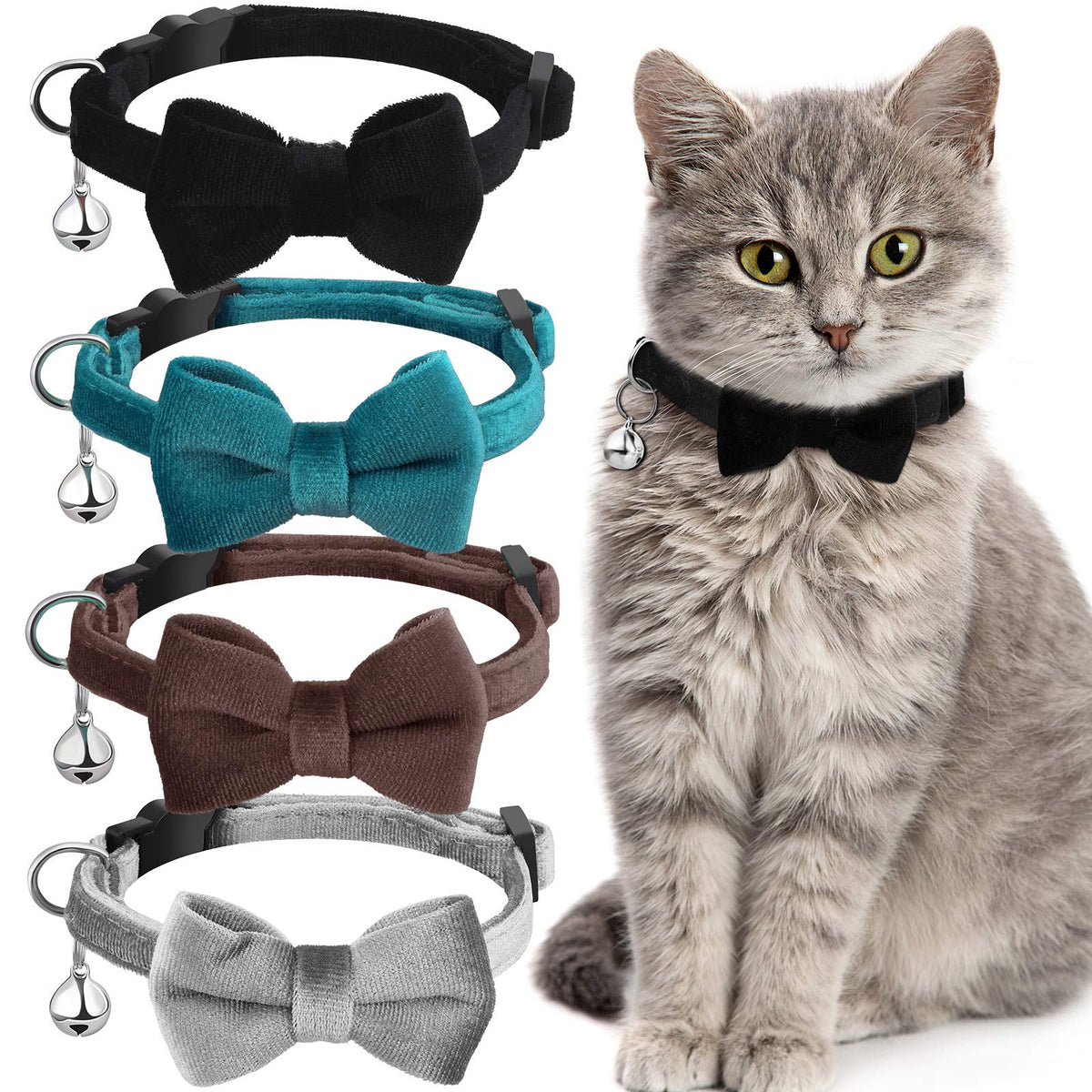 4 Pieces Cat Bow Tie Collar With Bell Breakaway Cat Collar Comfortable Velvet Cat Collar With Cute Safety Pet Collar For Pet Kitten Puppy (Black, Gray, Coffee, Blue,Small)