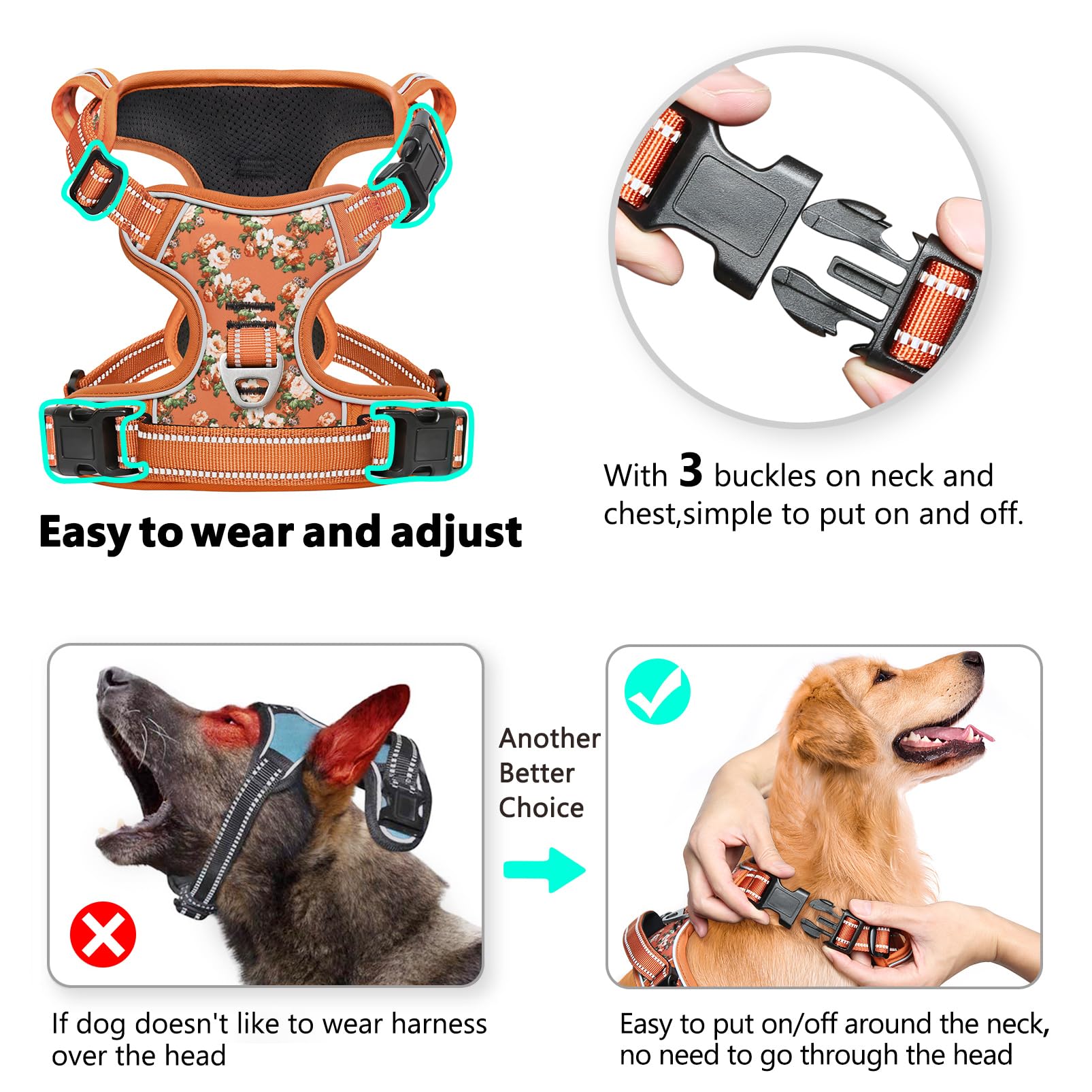 Timos Dog Harness For Large Dogs, No Pull Service Vest With Reflective Strips And Control Handle,No Choke Dog Harness With 2 Met
