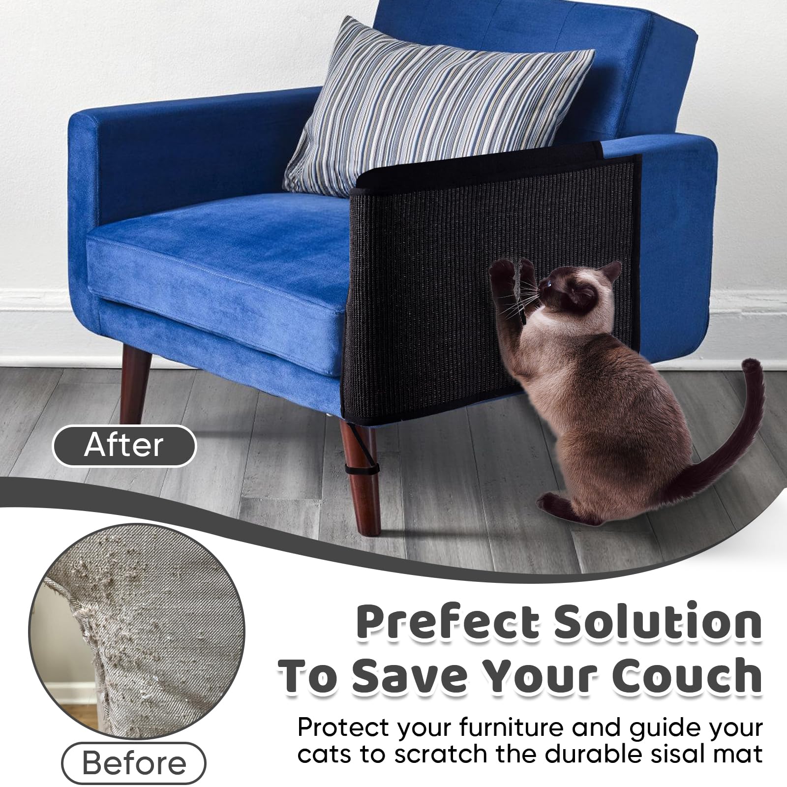 Natuya Cat Scratch Furniture Couch Protector - Large Sisal Cat Scratching Pad Sofa Corner Arm Shield, Cat Scratcher For Sofa (Bl