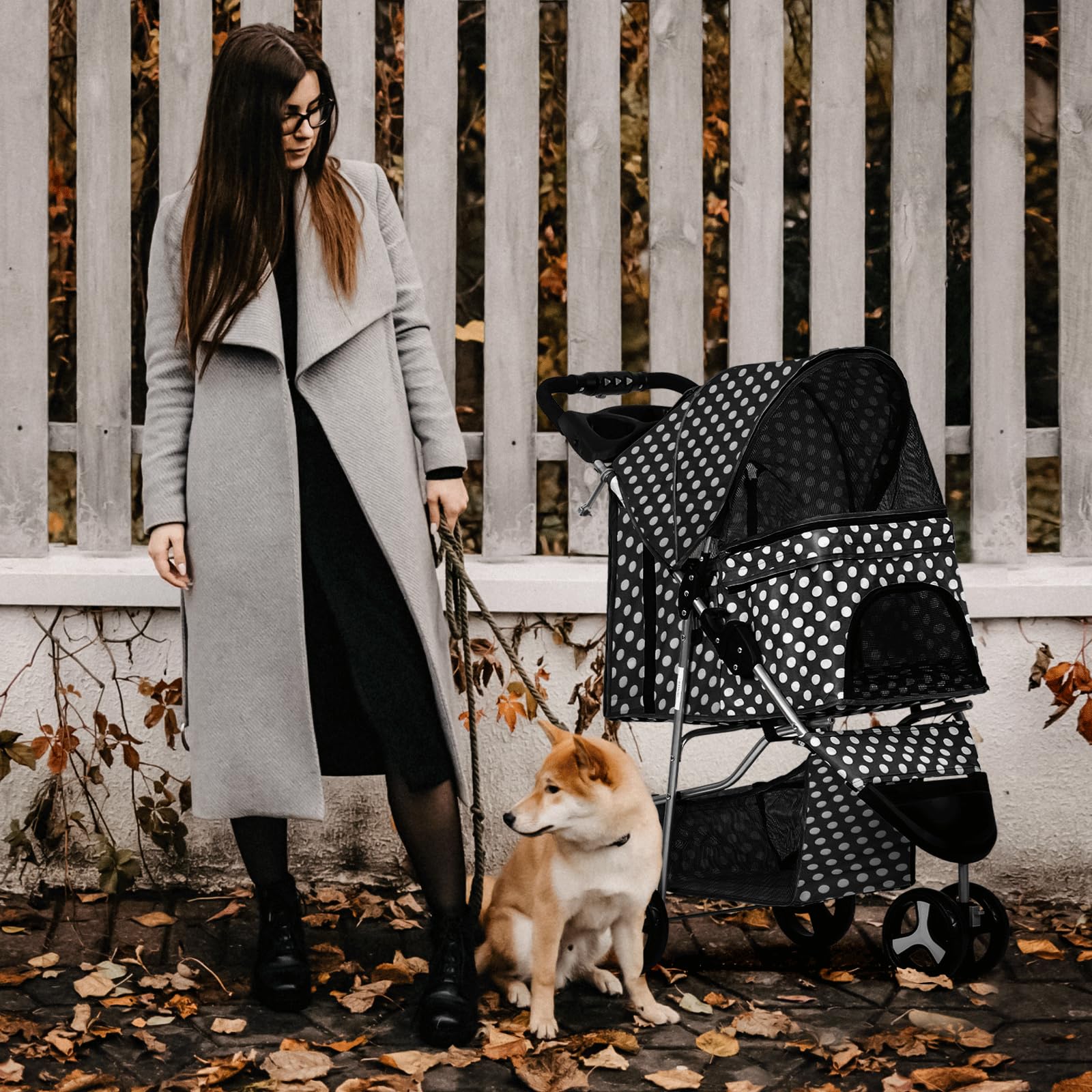 Monibloom 3 Wheels Pet Dog Cat Stroller For Small Medium Dogs Cats, Foldable Jogger Stroller W/Storage Basket And Cup Holder, Black Polka Dots