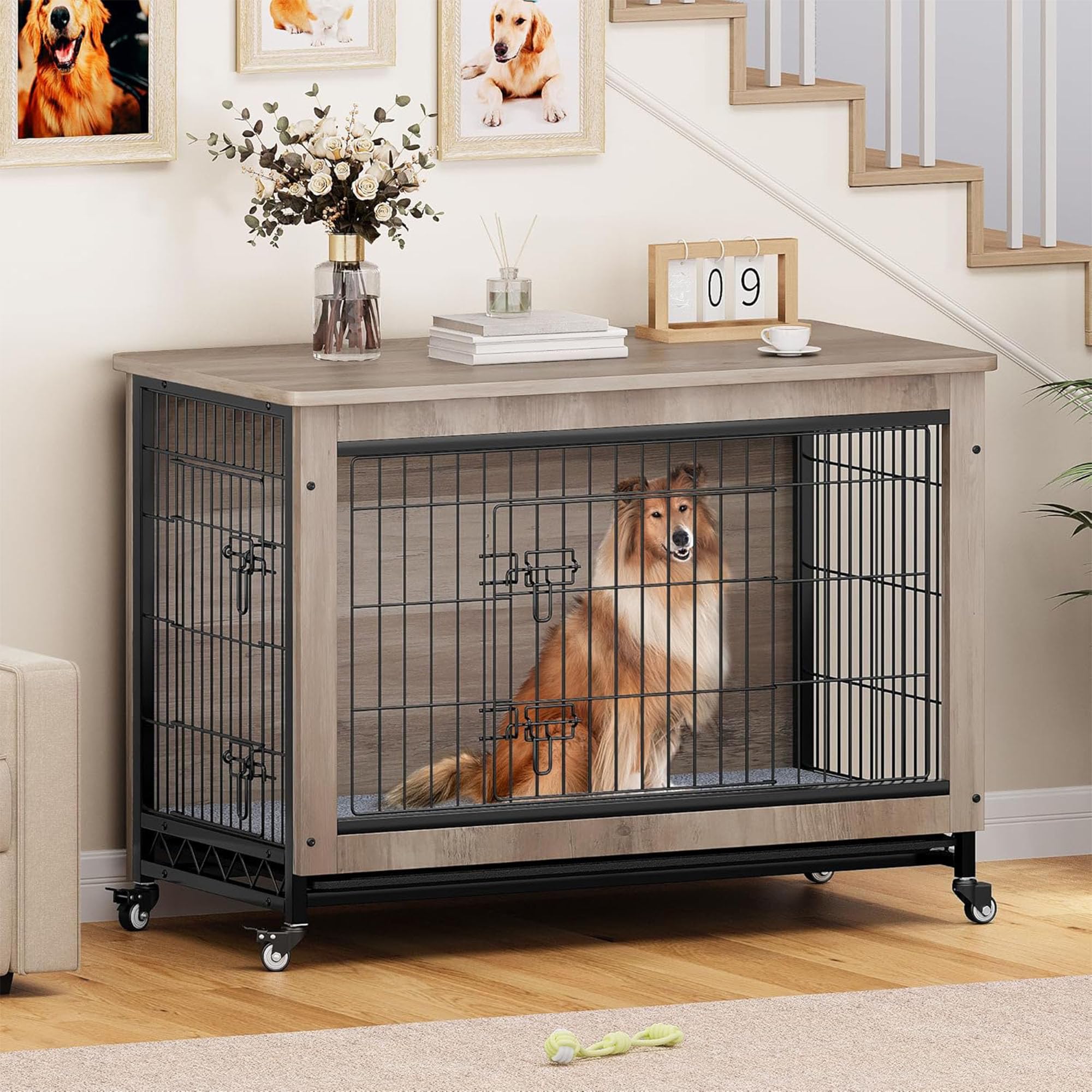 Dwvo Dog Kennel Furniture With Cushion, 38 Wooden Dog Crate Furniture With Wheels, Dog Crate End Table With Tray, Dog Cage Wit