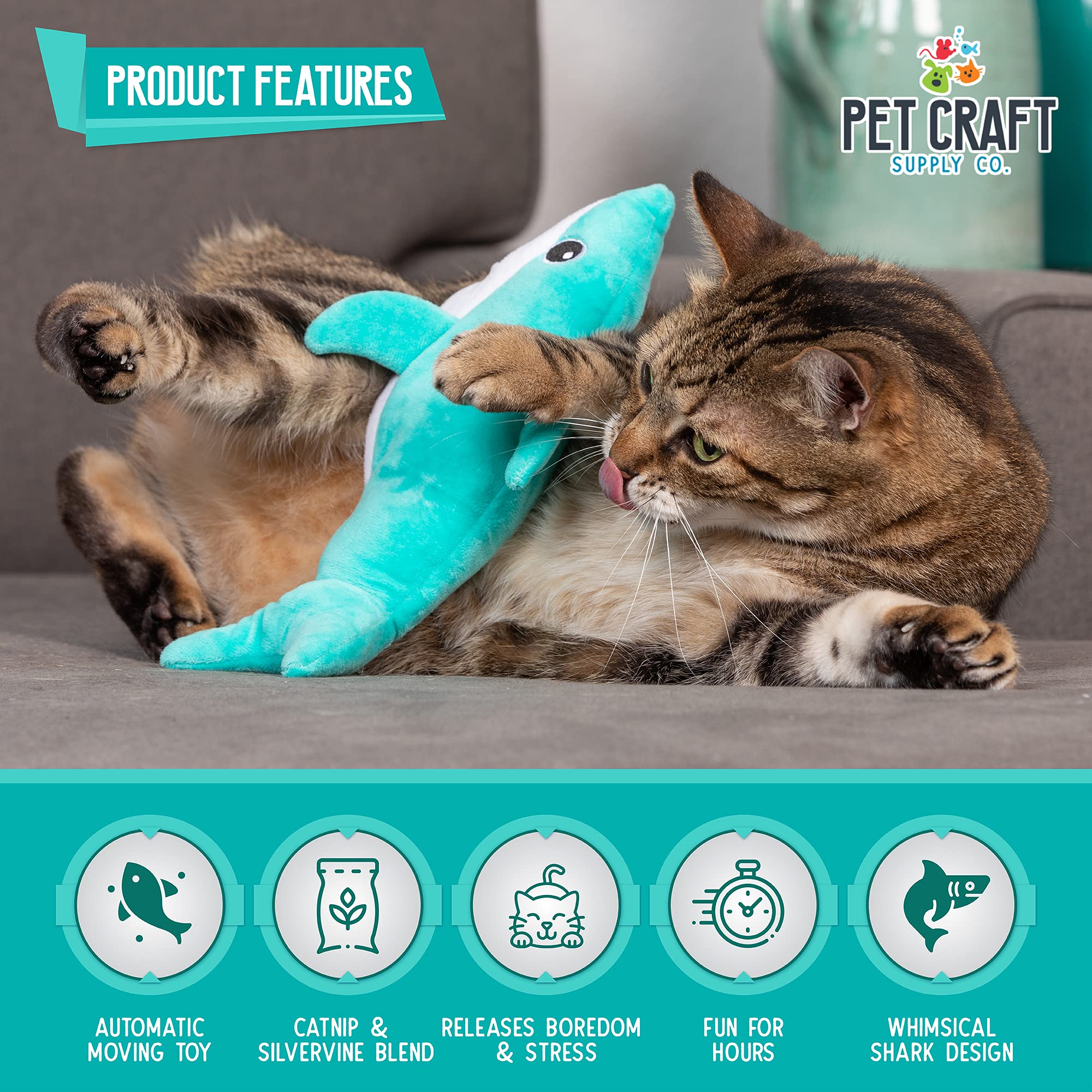 Pet Craft Supply Wiggle Pickle & Shimmy Shark Cat Toy - Interactive Electric Flopping Fish with Catnip & Silvervine, Multi, All Breeds