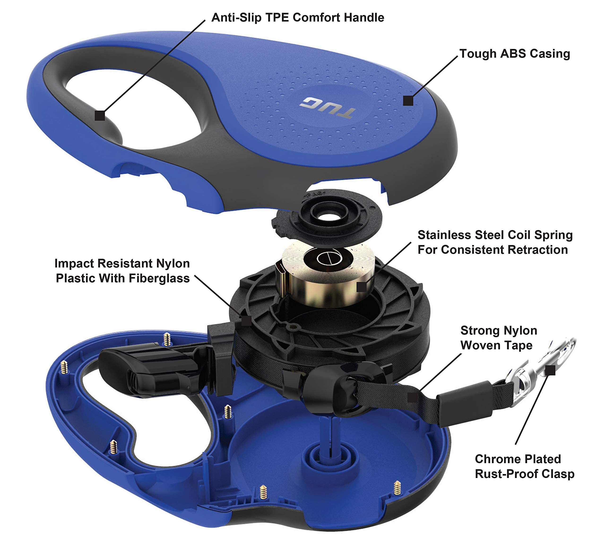 Tug 360?Tangle-Free Retractable Dog Leash With Waste Bag Dispenser (Large, Blue)