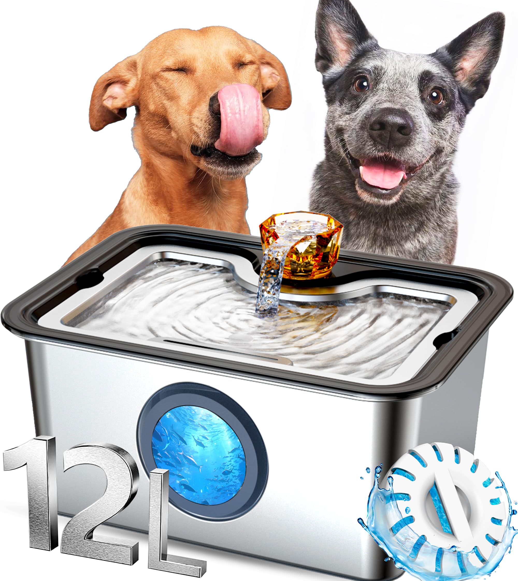 Stainless Steel Large Dog Water Fountain, 12L/ 3 Gallon Automatic Pet Drinking Fountain For Large Dogs Or Multiple Pets, With La