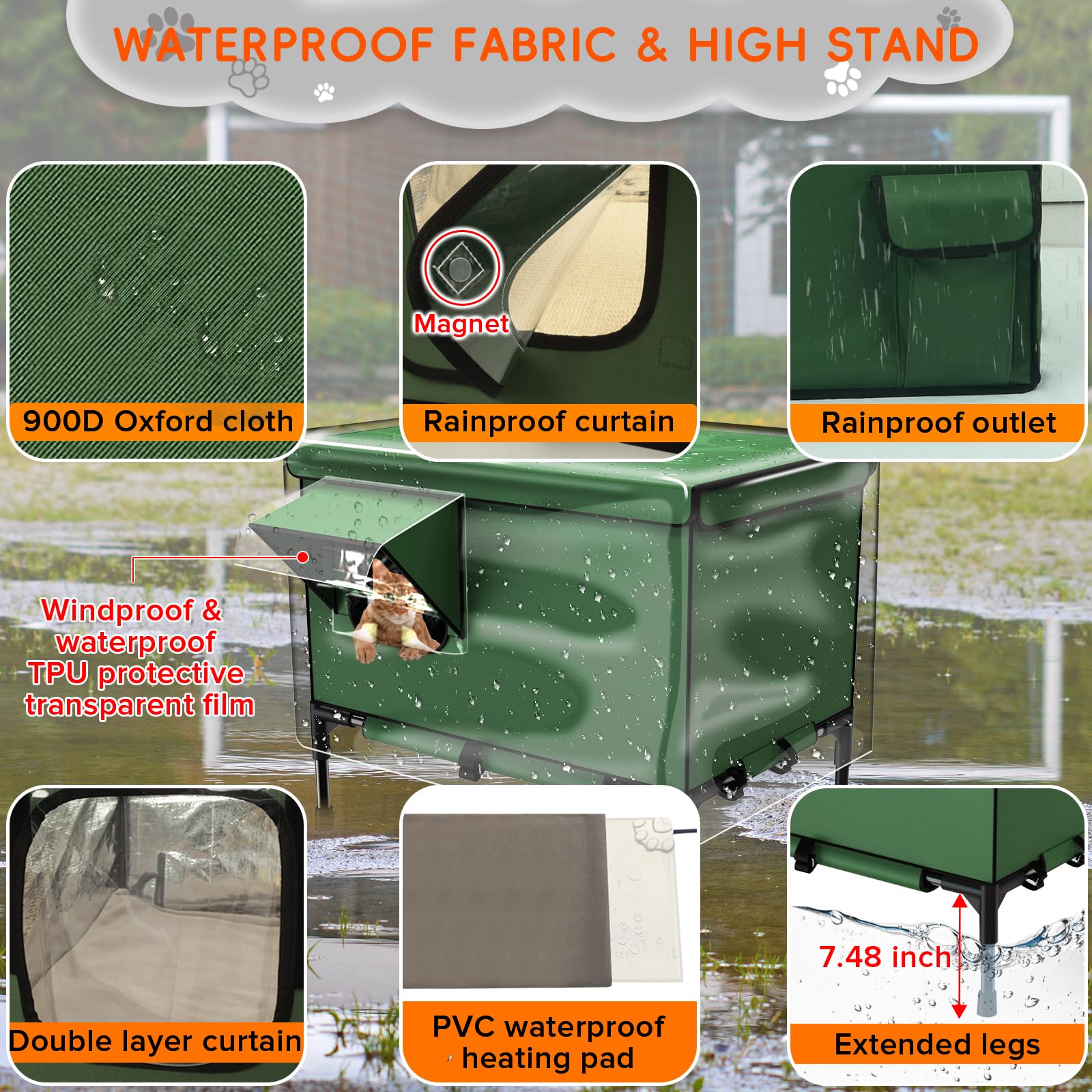 4-In-1 Heated Cat House For Outside With Heating Pad, Scratching Bed And Elevated Bed, Waterproof Windproof Tpu Rain Cover, Larg