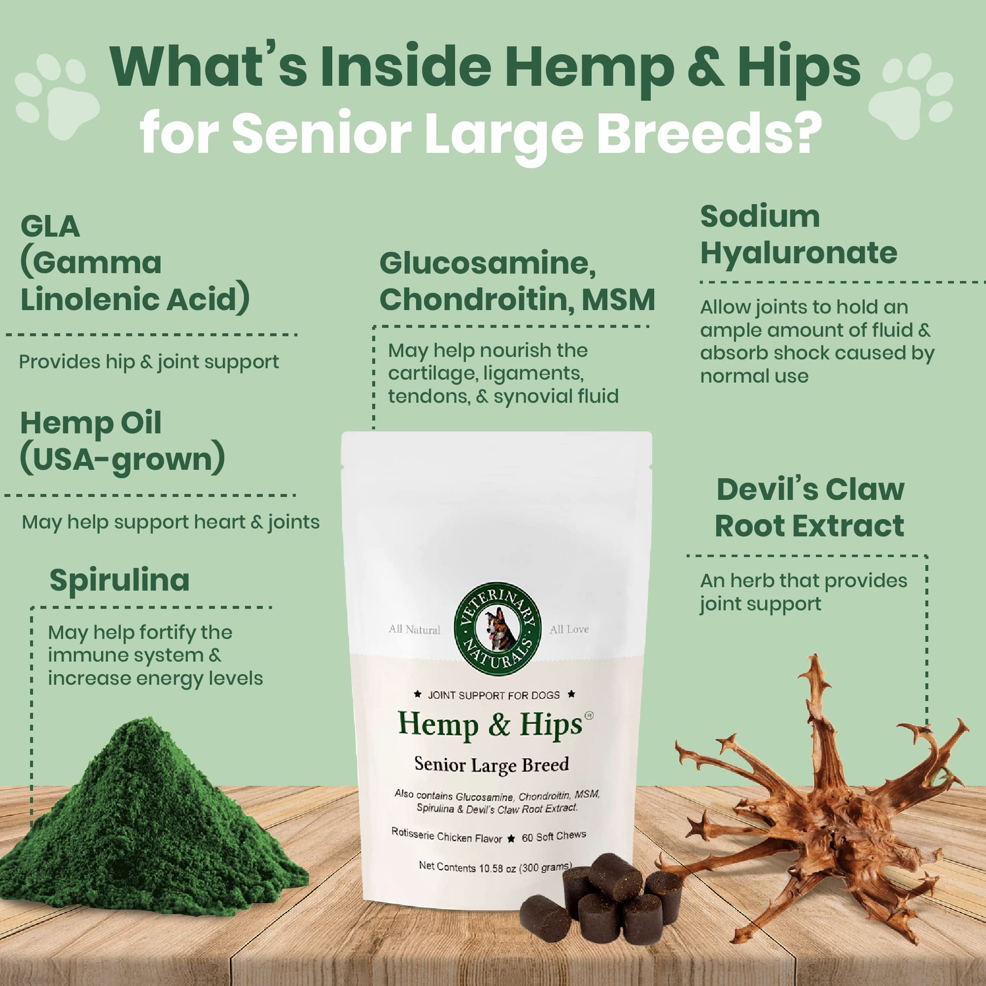 Vet Naturals Hemp & HIPS - Dog Joint Supplement Large Breed - Senior Dog Supplements - Glucosamine and Chondroitin Supplement fo