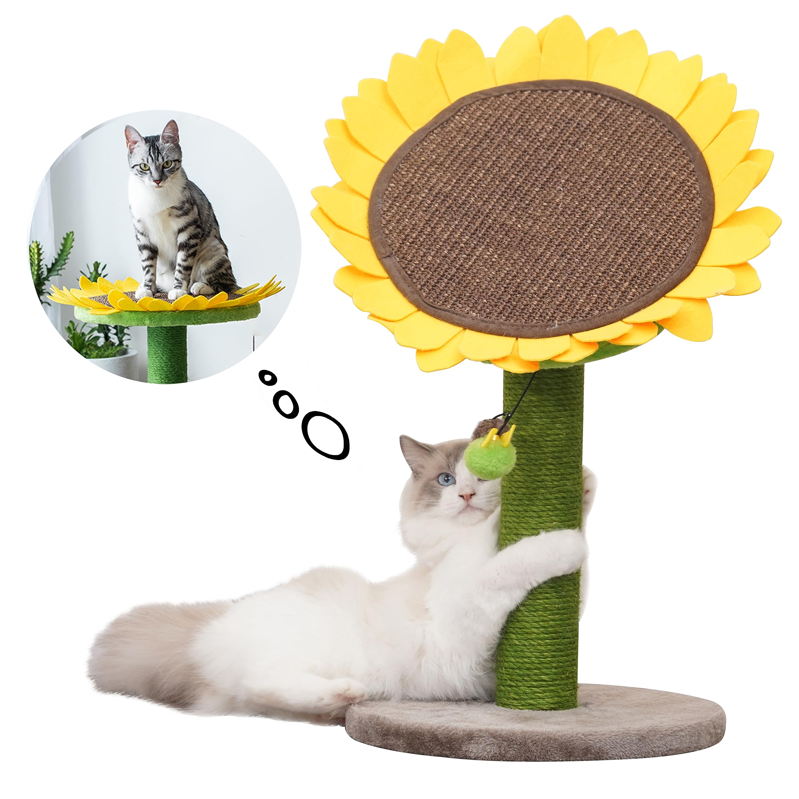 Catry 24' Sunflower Cat Scratching Post, Sunflower Small Cat Bed, 2 In 1 Natural Jute Scratching Pad And Bed With Cat Teaser Bee Toy