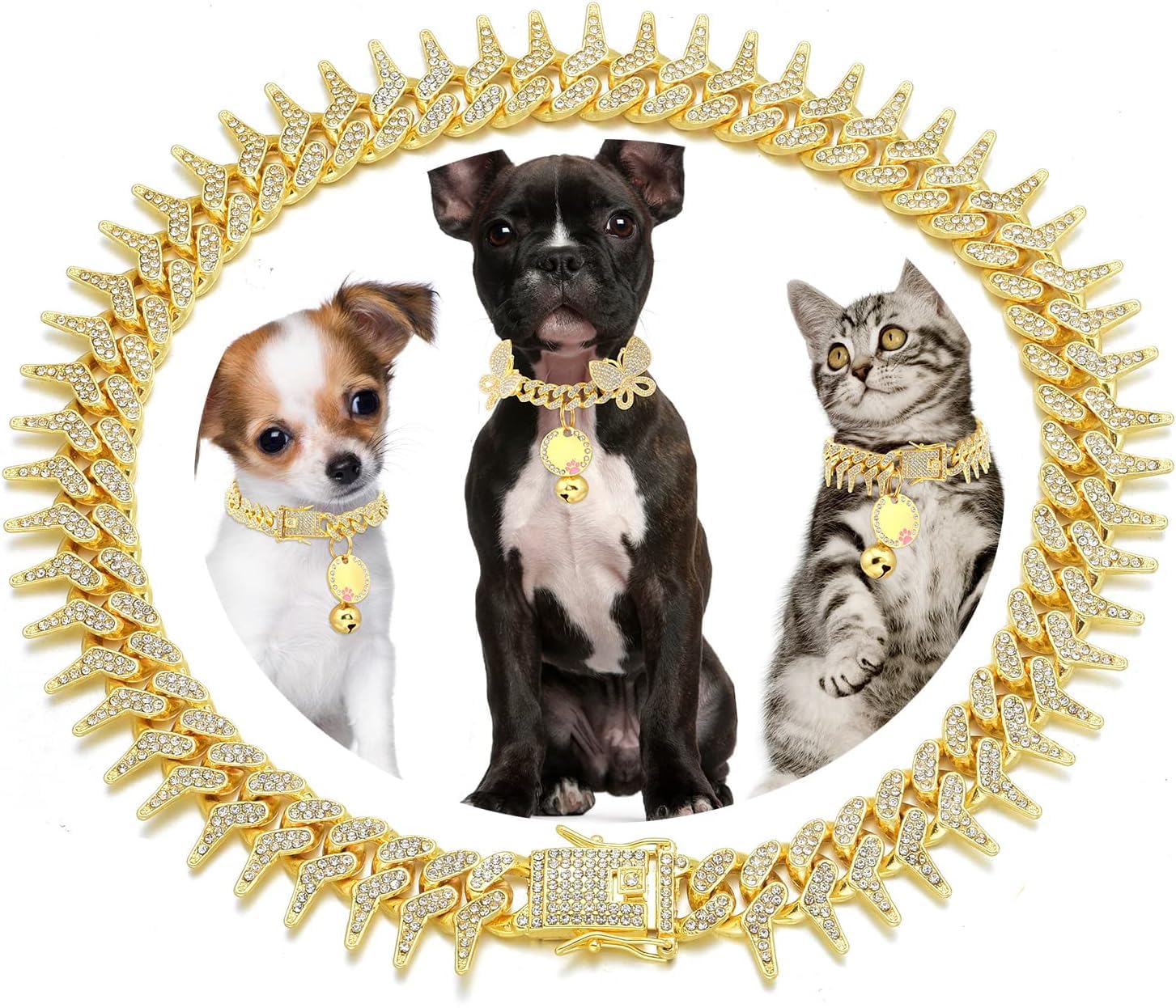 Pimaodog Dog Chain Collar, Side Spiked Style Necklace Bling Diamond Cuban Link Dog Collars Glitter Rhinestone Puppy Collar For F