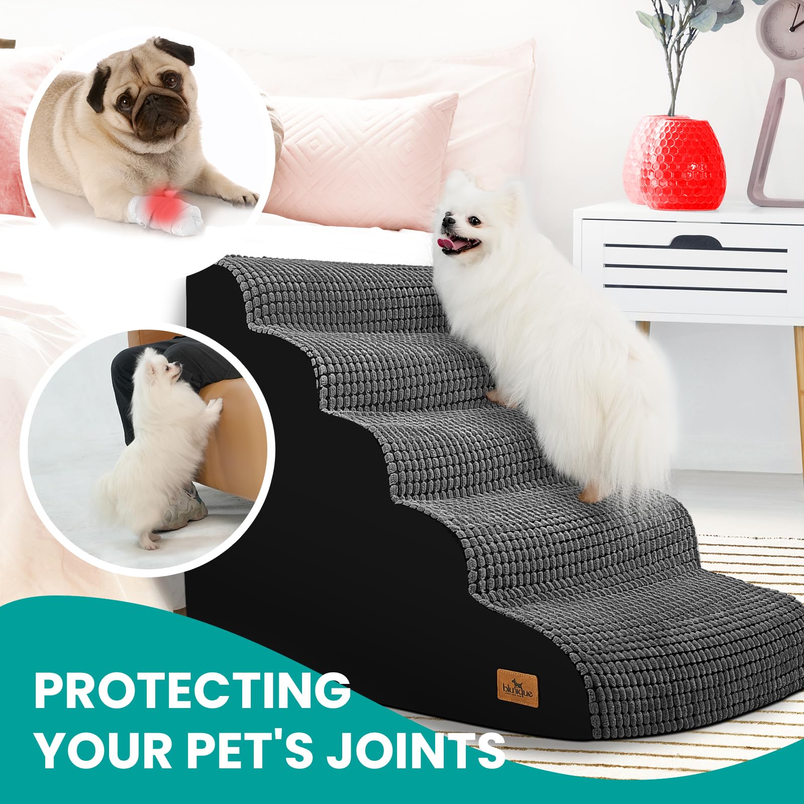 Blunique 5-Step Dog Stairs For High Beds And Couch, Foam Ramp With Durable Non-Slip Waterproof Fabric Cover, Grey Pet Stairs For