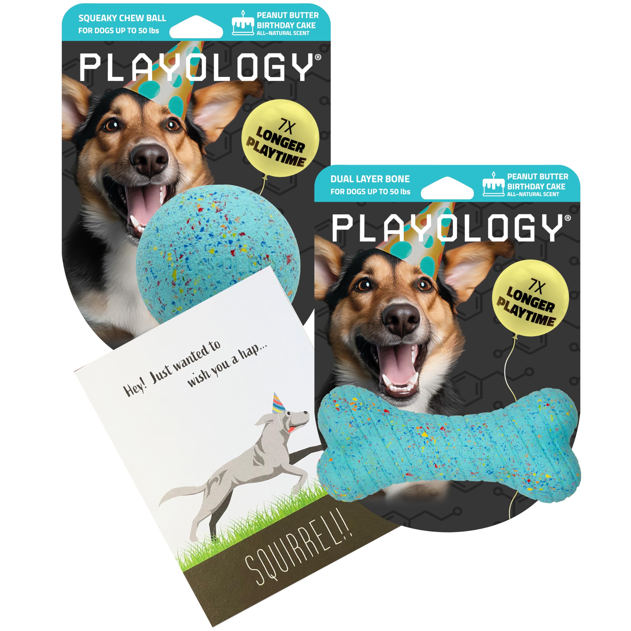 Playology Birthday Pack Dog Toys For Medium Dogs | All-Natural Peanut Butter Birthday Cake Scented Gift Bundle | 1 Squeaky Chew 