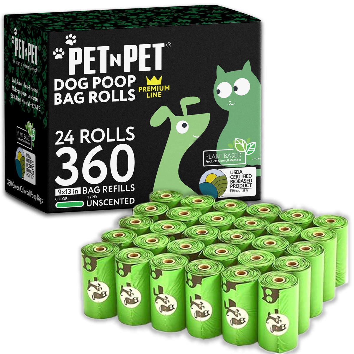 Pet N Pet 360 Counts, Unscented Dog Poop Bags Rolls, 38% Plant Based & 62% Pe Poop Bags For Dogs, 24 Rolls Extra Thick Dog Waste Bag, Doggie Poo Bag