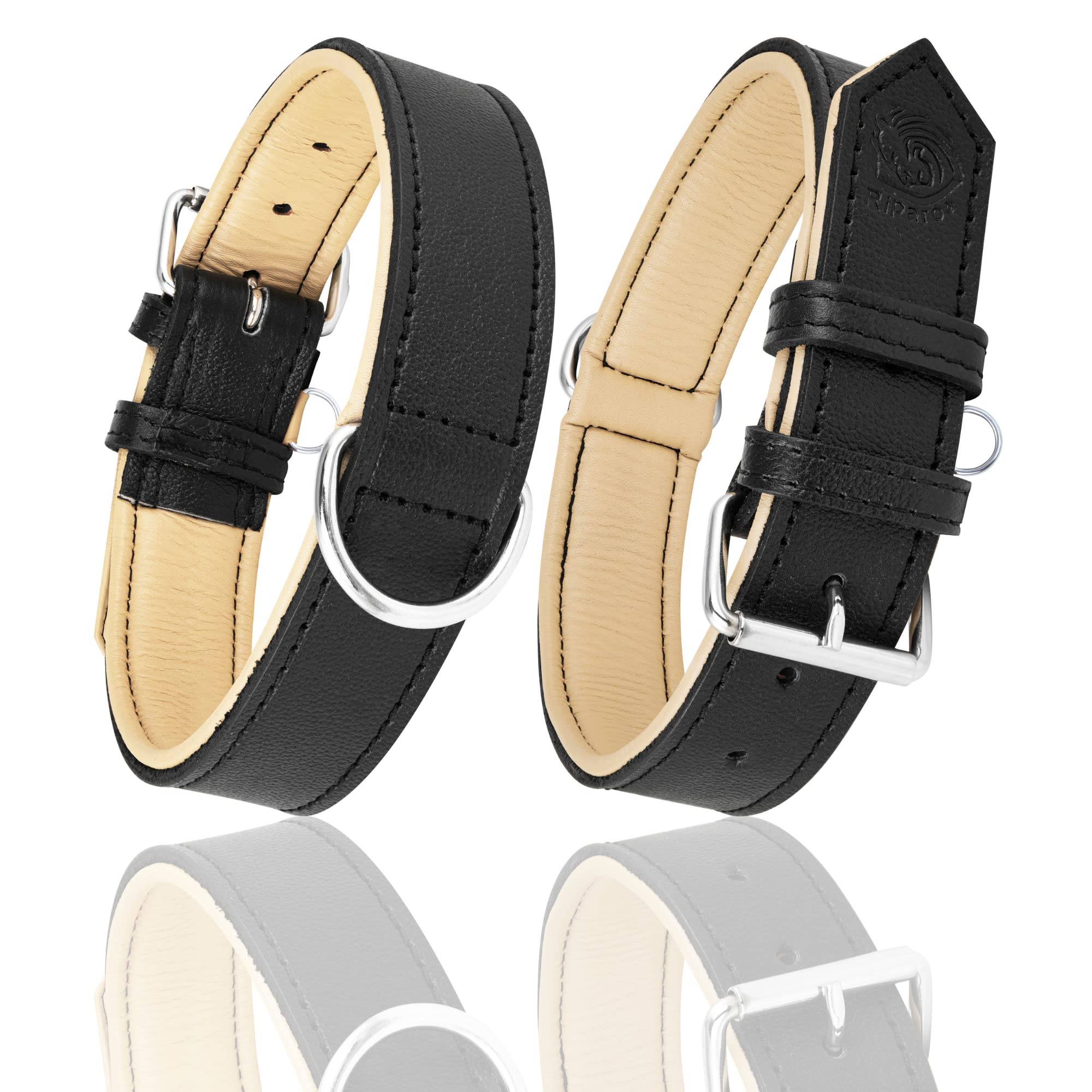 Riparo Dog Collars For Medium Dogs, Genuine Leather Dog Collar, Medium Dog Collar (M: 1'' Wide For 13.5   -17.5    Neck, Black)