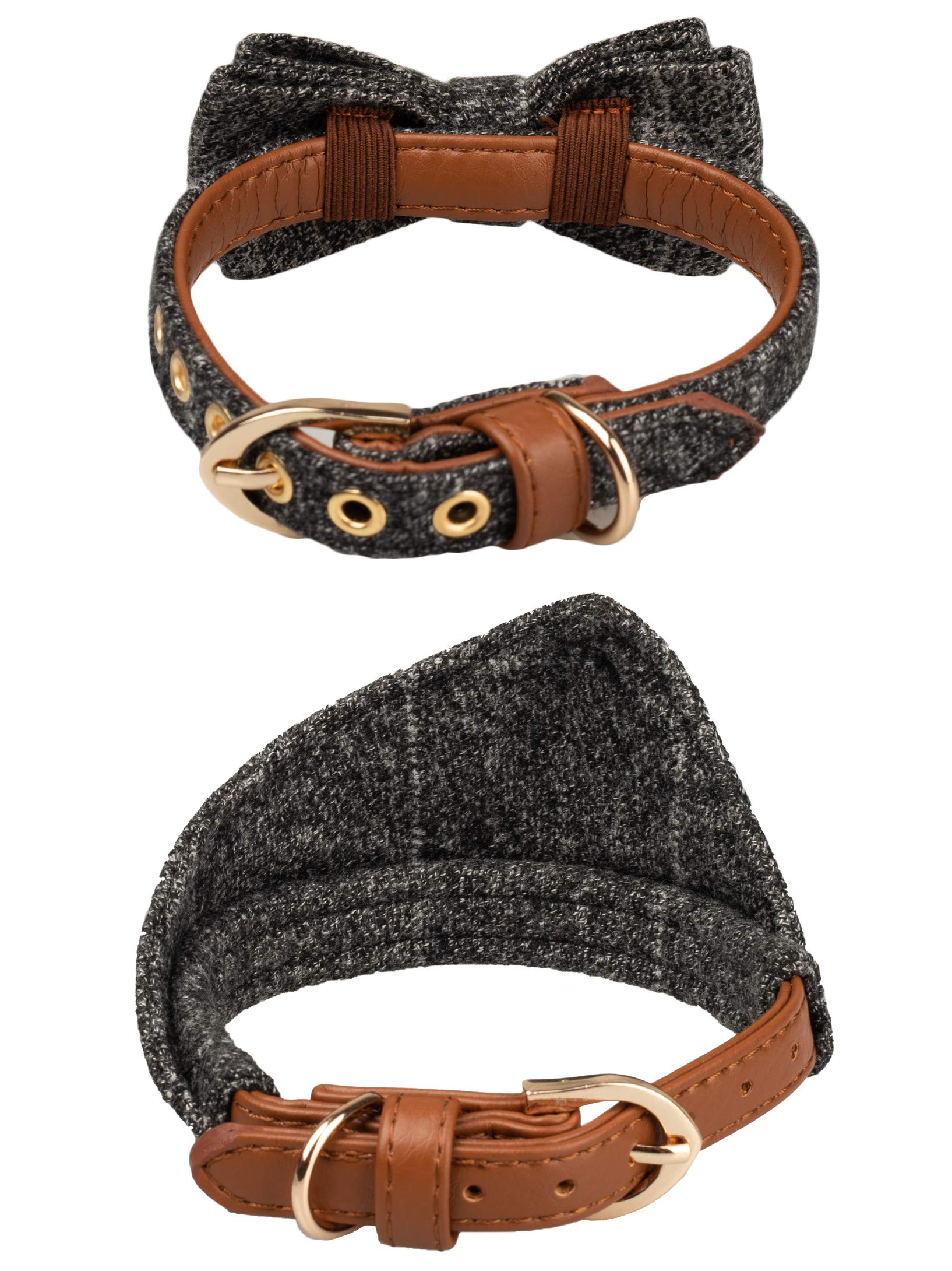 Gyapet Small Dog Collar For Dogs Cat Bow Tie Puppy Kitten Bandana 2Pcs Pu Leather Canvas Scarf Camo Grey Classic