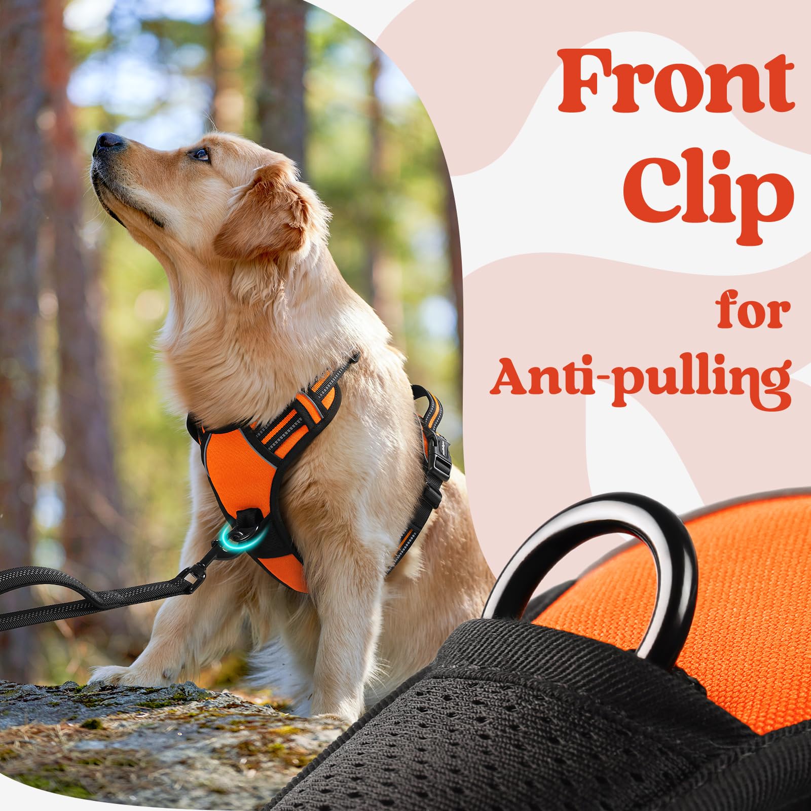 Rabbitgoo Dog Harness Medium Sized, No Pull Pet Harness With 3 Buckles, Adjustable Soft Padded Pooch Vest With Instant Control Handle, Easy Walking Reflective Pet Vest For Medium Dogs, Orange, M