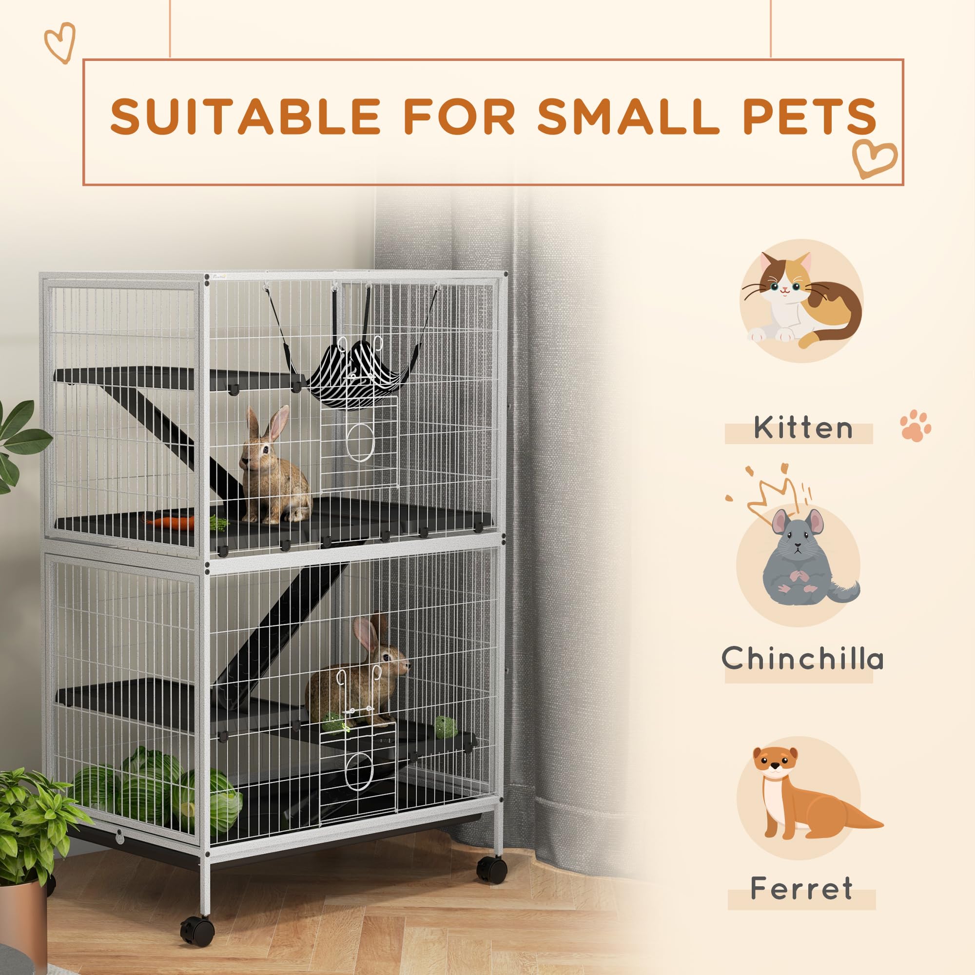 Pawhut 50'' 5-Tier Small Animal Cage, Ferret Cage, Large Chinchilla Cage With Hammock Accessory & Heavy-Duty Steel Wire, Small A