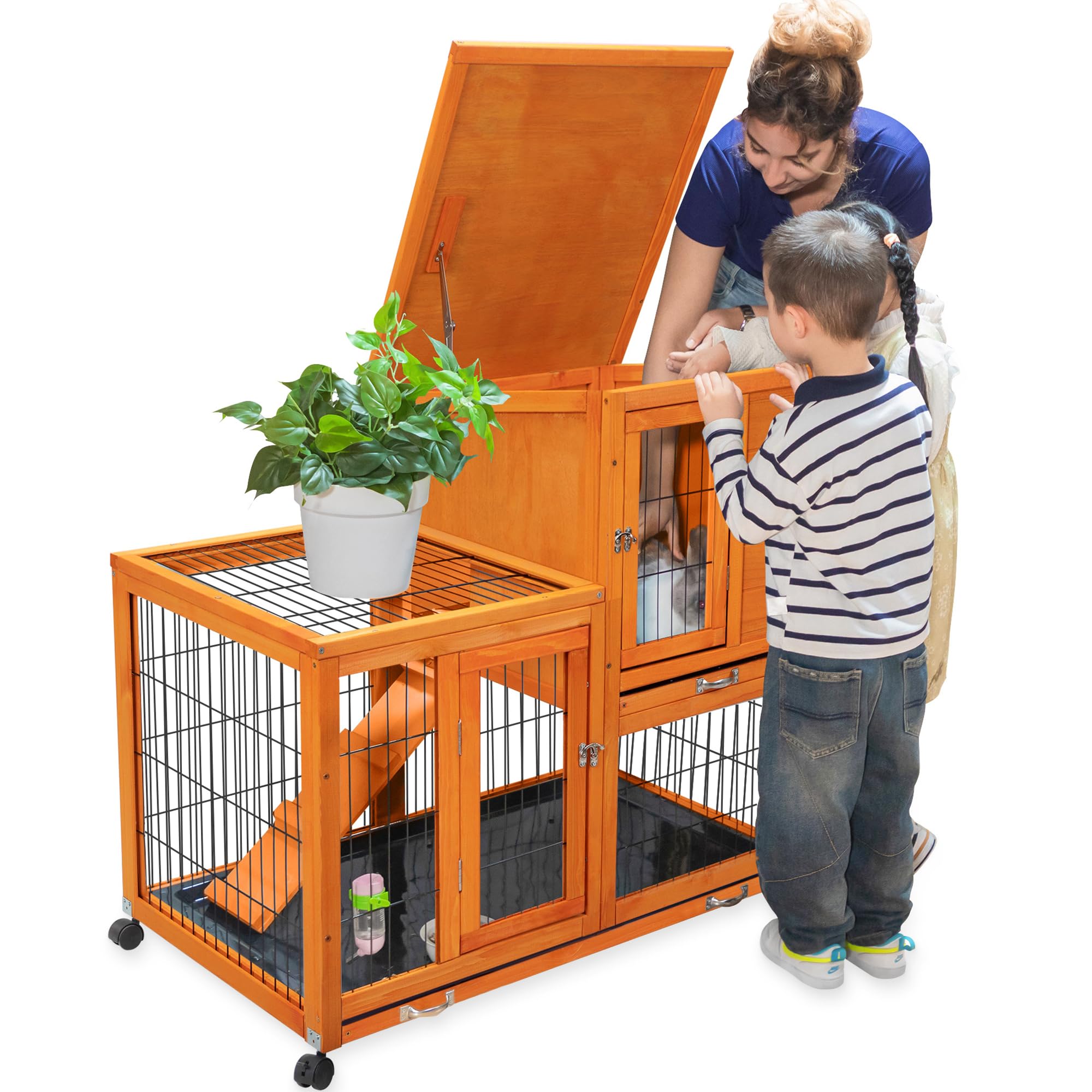 Indoor Rabbit Hutch Outdoor Bunny Hutch With Wheels, 2 Pull-Out Trays, Waterproof Openable Roof, 39'' L Large 2-Level Wooden Rab