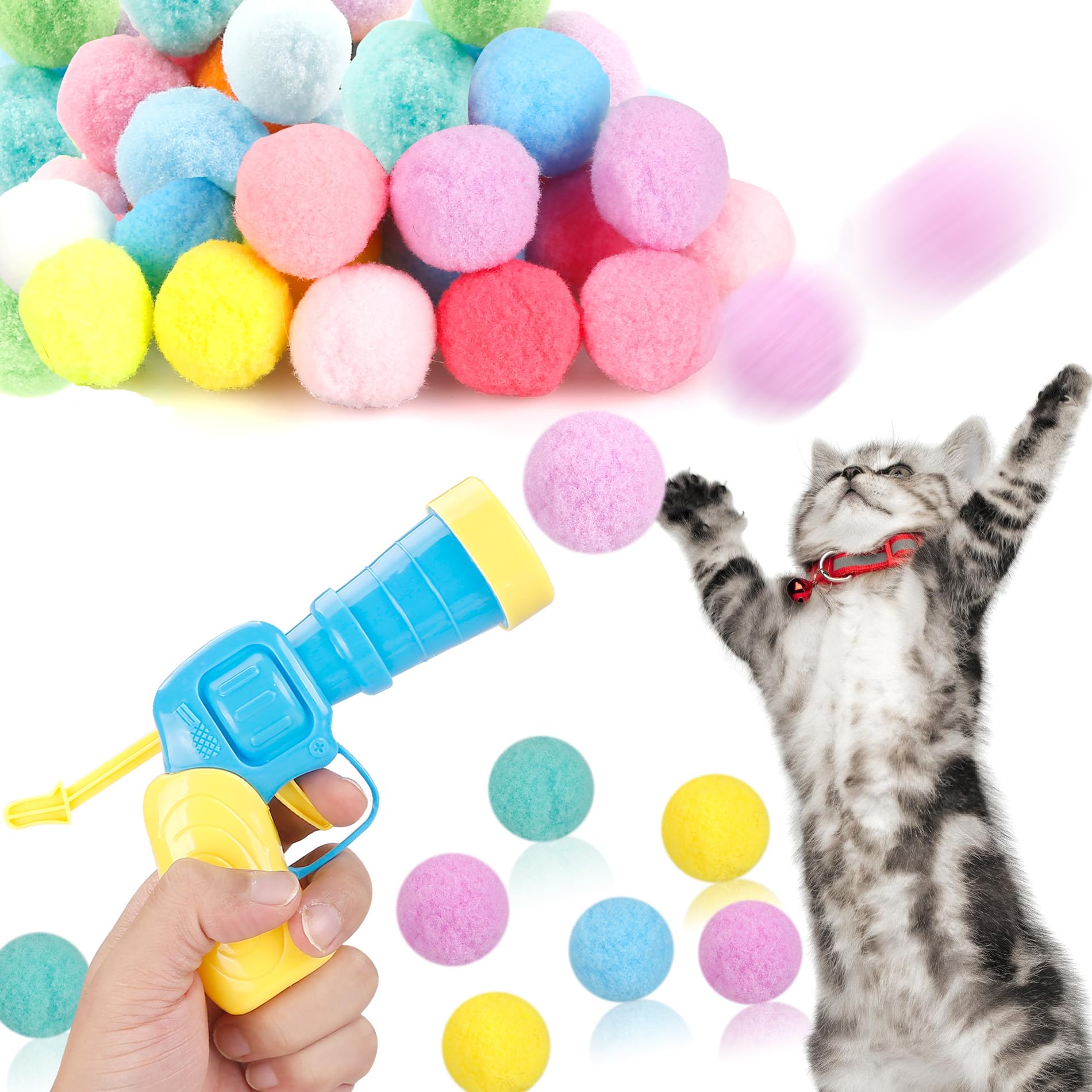 Meohui 31Pcs Cat Ball Toy Launcher Gun,Cat Balls Fetch Toy,30Pcs Plush Fuzzy Balls Launcher Cat Toy For Cats With 1 Gun,Funny In
