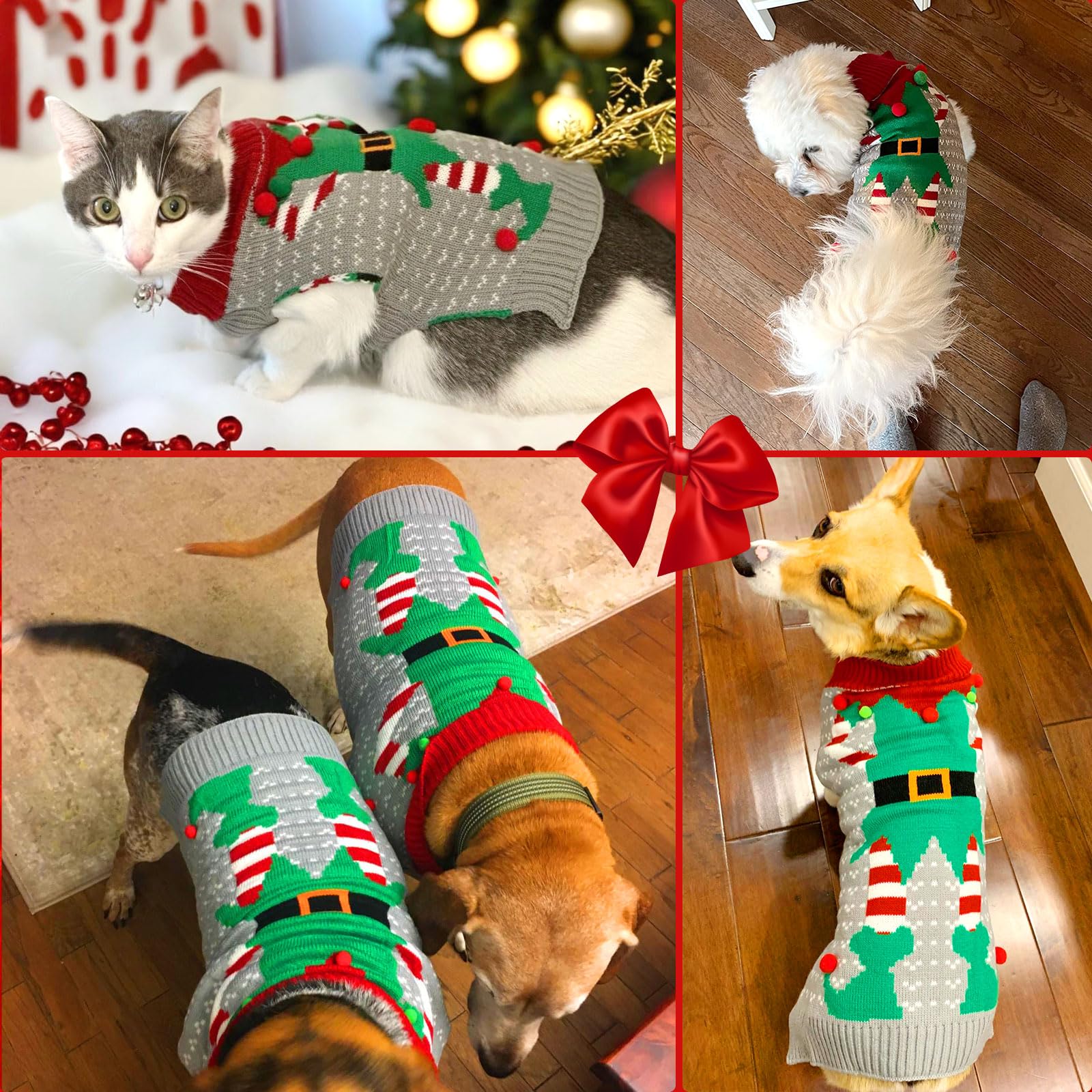 Axiijgl Dog Christmas Costume - Elf Outfit For Small Dogs, Gray Pullover With Leash Hole For Dachshund, Chihuahua, Frenchie