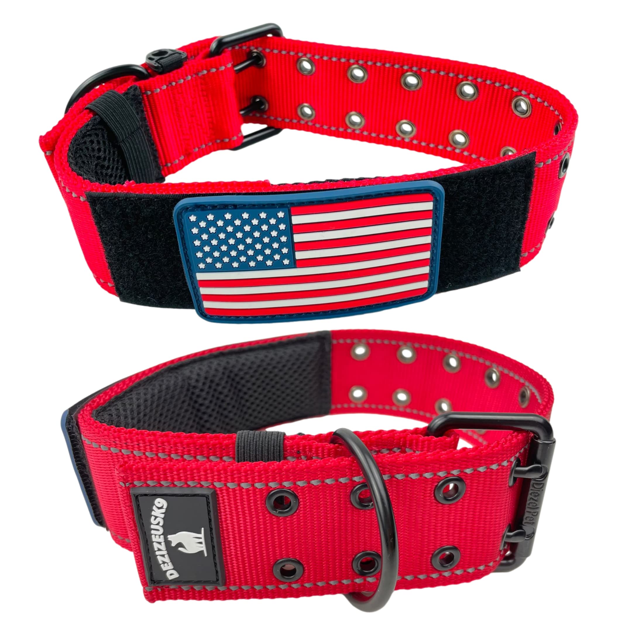 2' Personalized Tactical Dog Collar - Wide Thick Military Style With Strong Belt Buckle Closure - American Flag Patch - Reflective - Med And Xl Sizes For Large And Giant Dogs